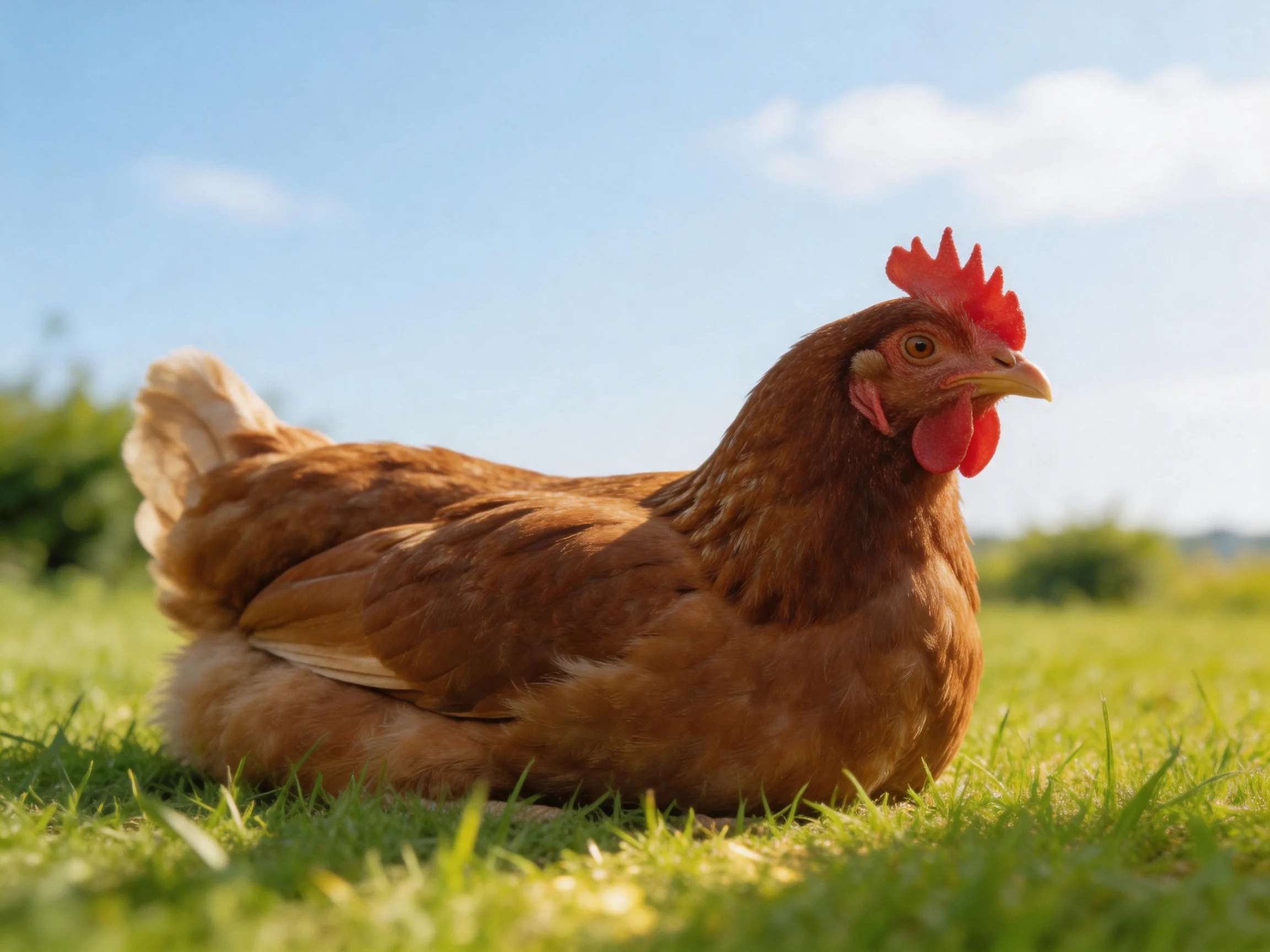 A brown hen sits calmly on green grass in a sunlit open area.