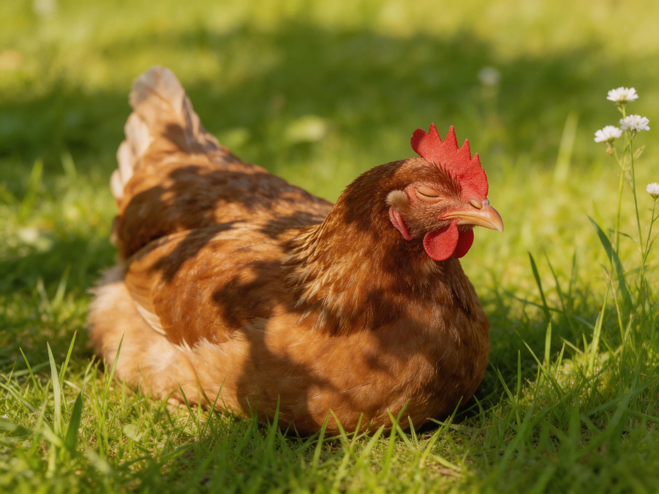 A brown hen rests in sun-dappled green grass beside white flowers