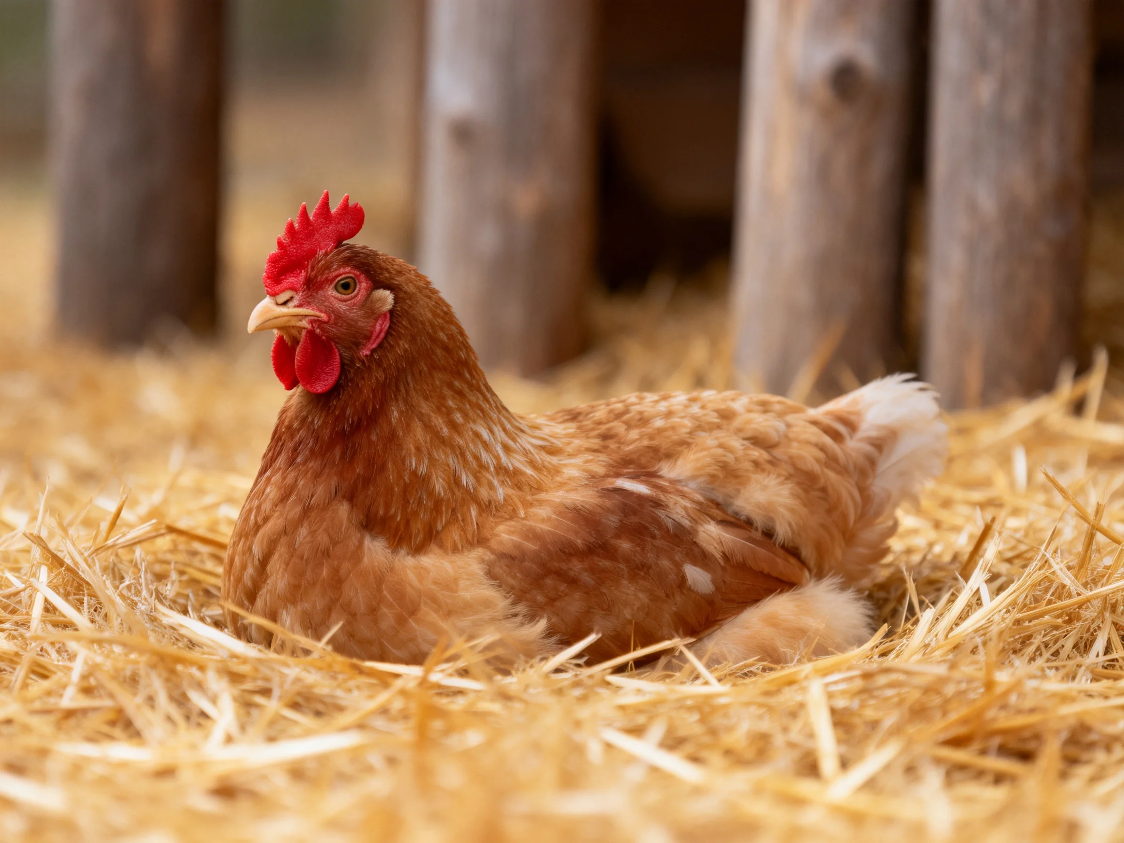A brown hen rests on golden straw near wooden posts