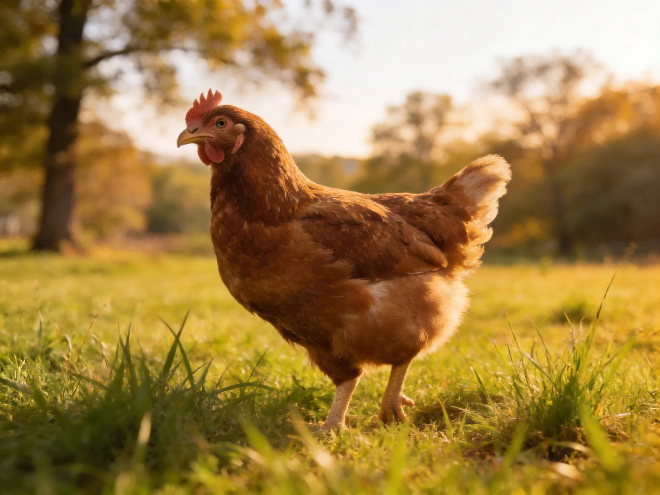 A brown hen roams a sunlit grassy meadow near trees