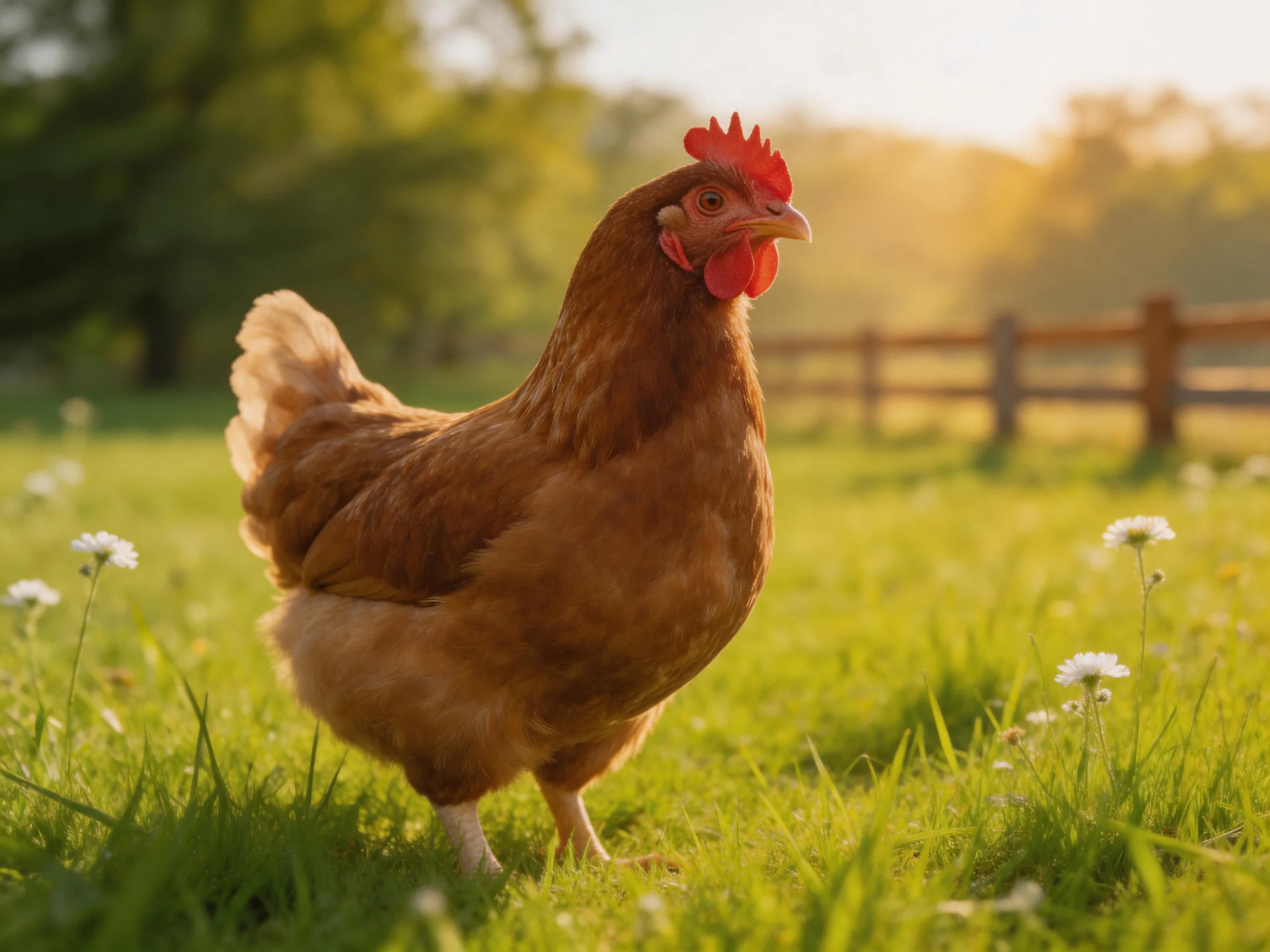 A brown hen roams a sunlit green meadow with small white flowers