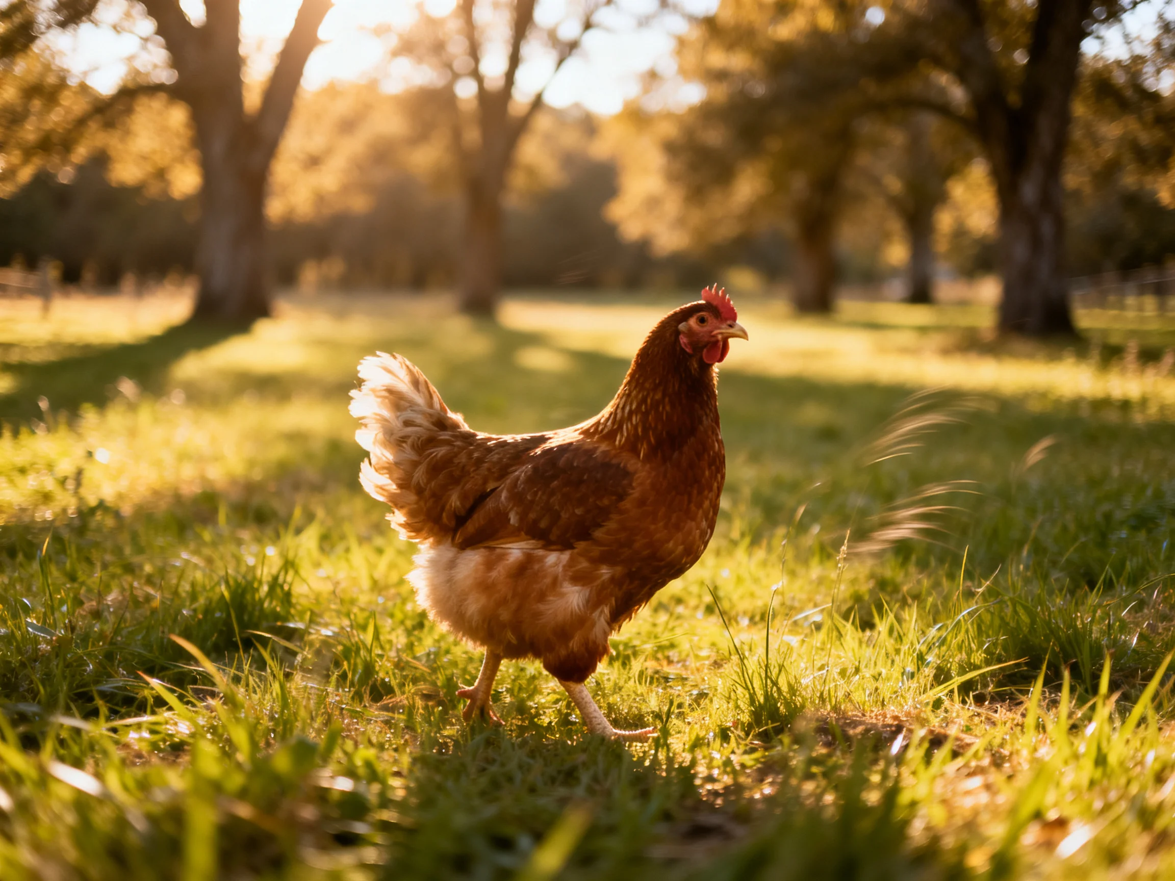 A brown hen roams sunlit grassy field near tall trees