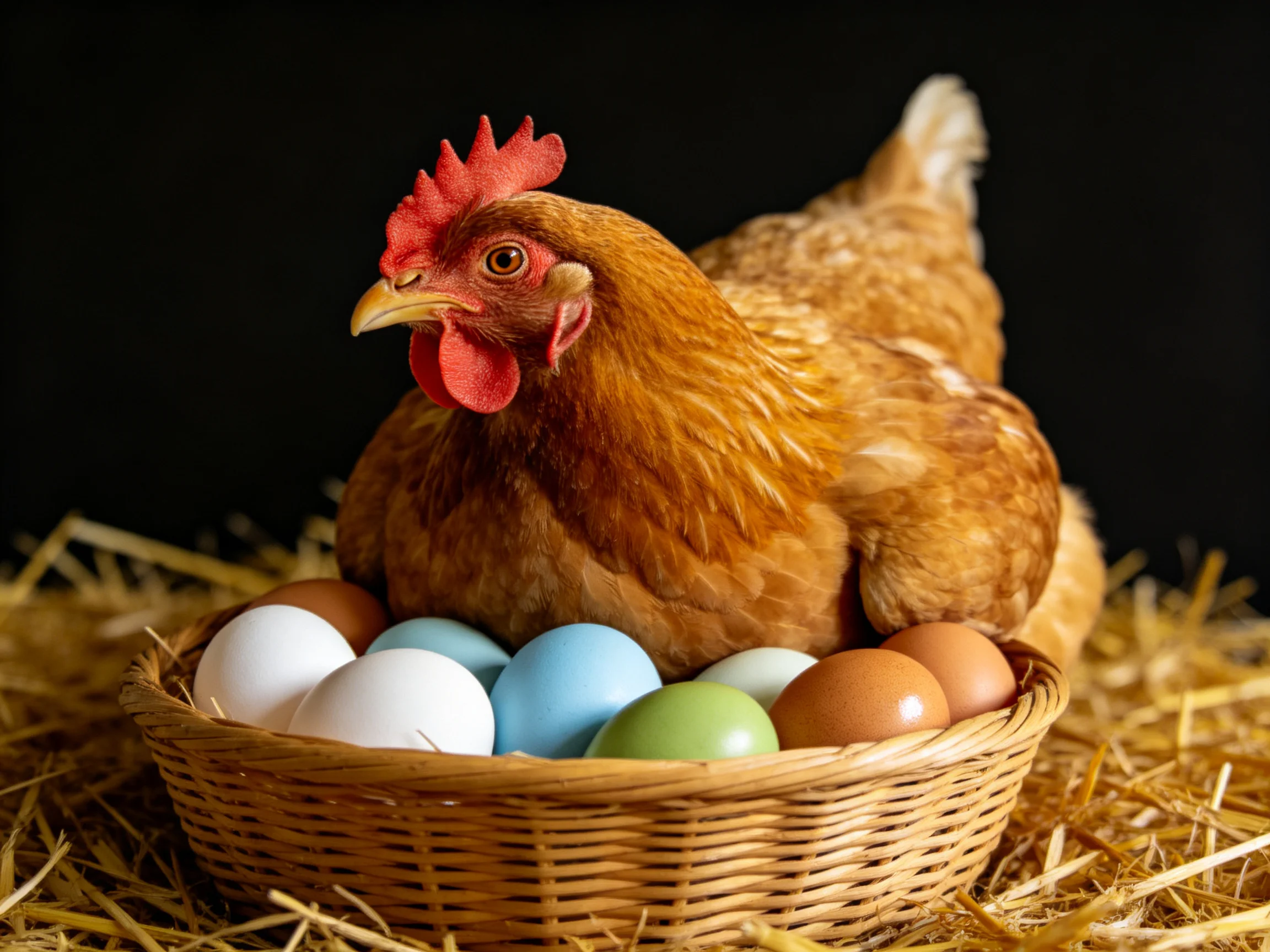A brown hen rests beside vibrantly colored eggs in a wicker basket