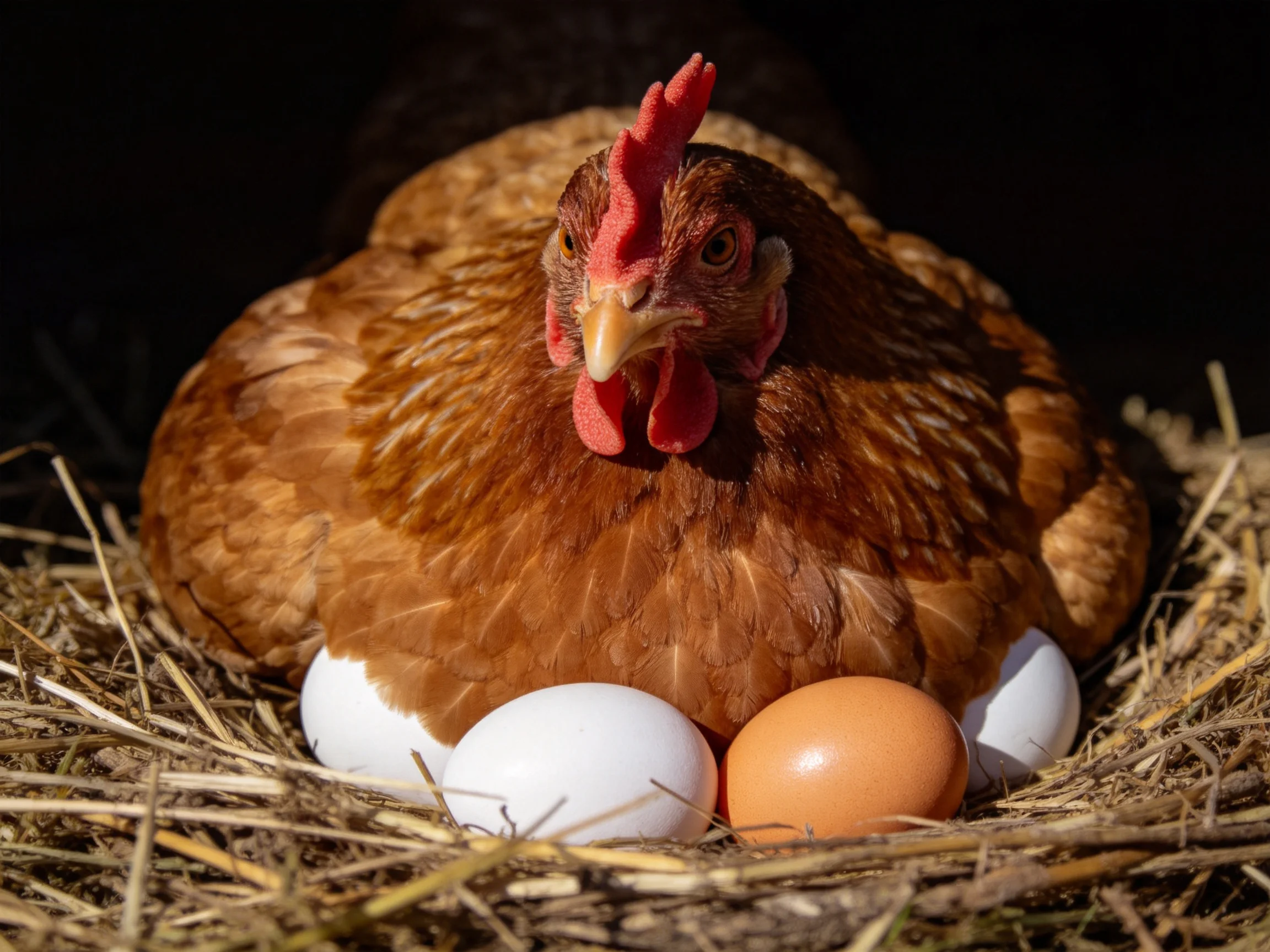 A brown hen sits in a straw nest with white and brown eggs