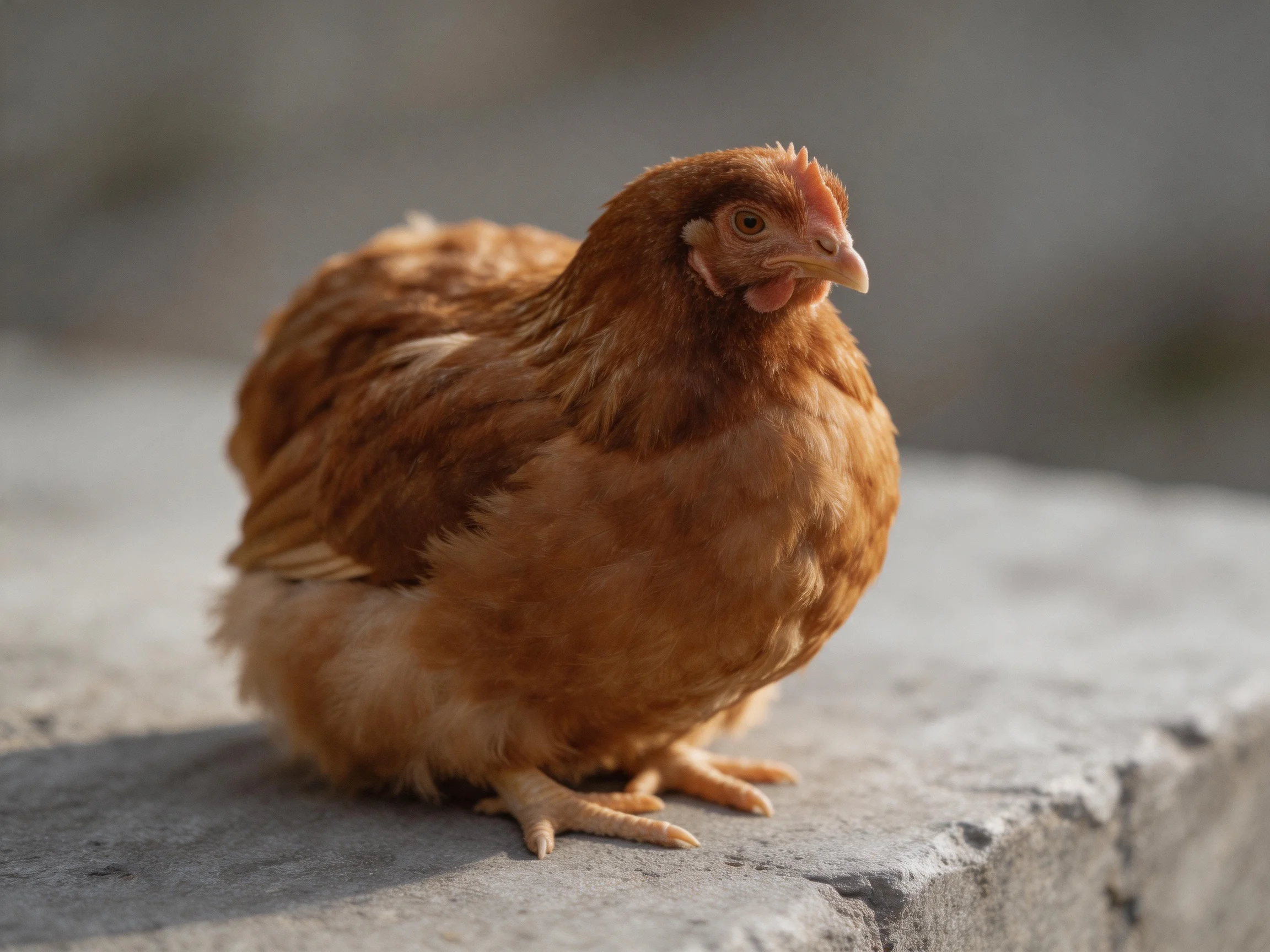 A brown hen sits on a rough gray stone ledge