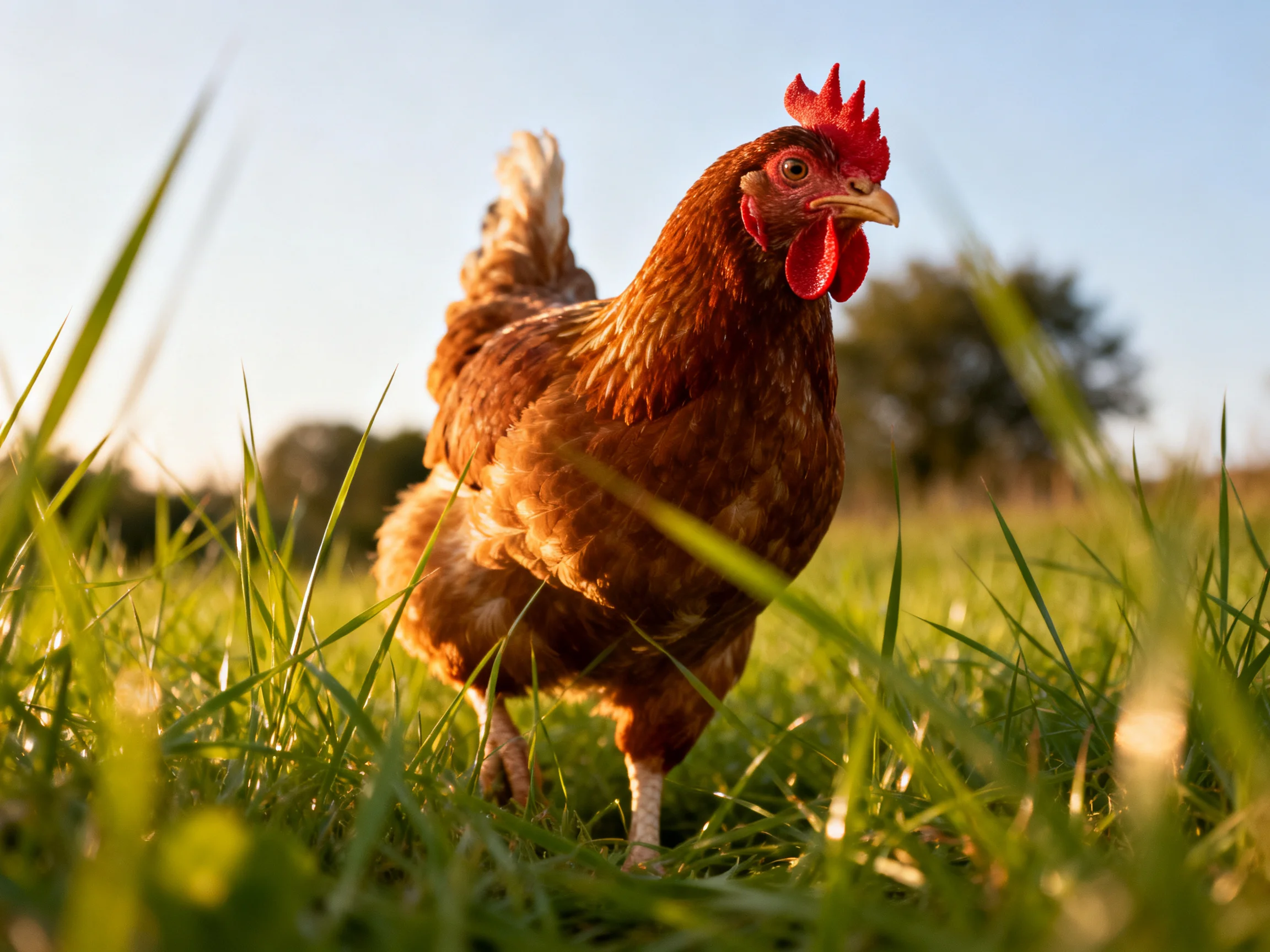 A brown hen standing in lush green grass under bright sunlight