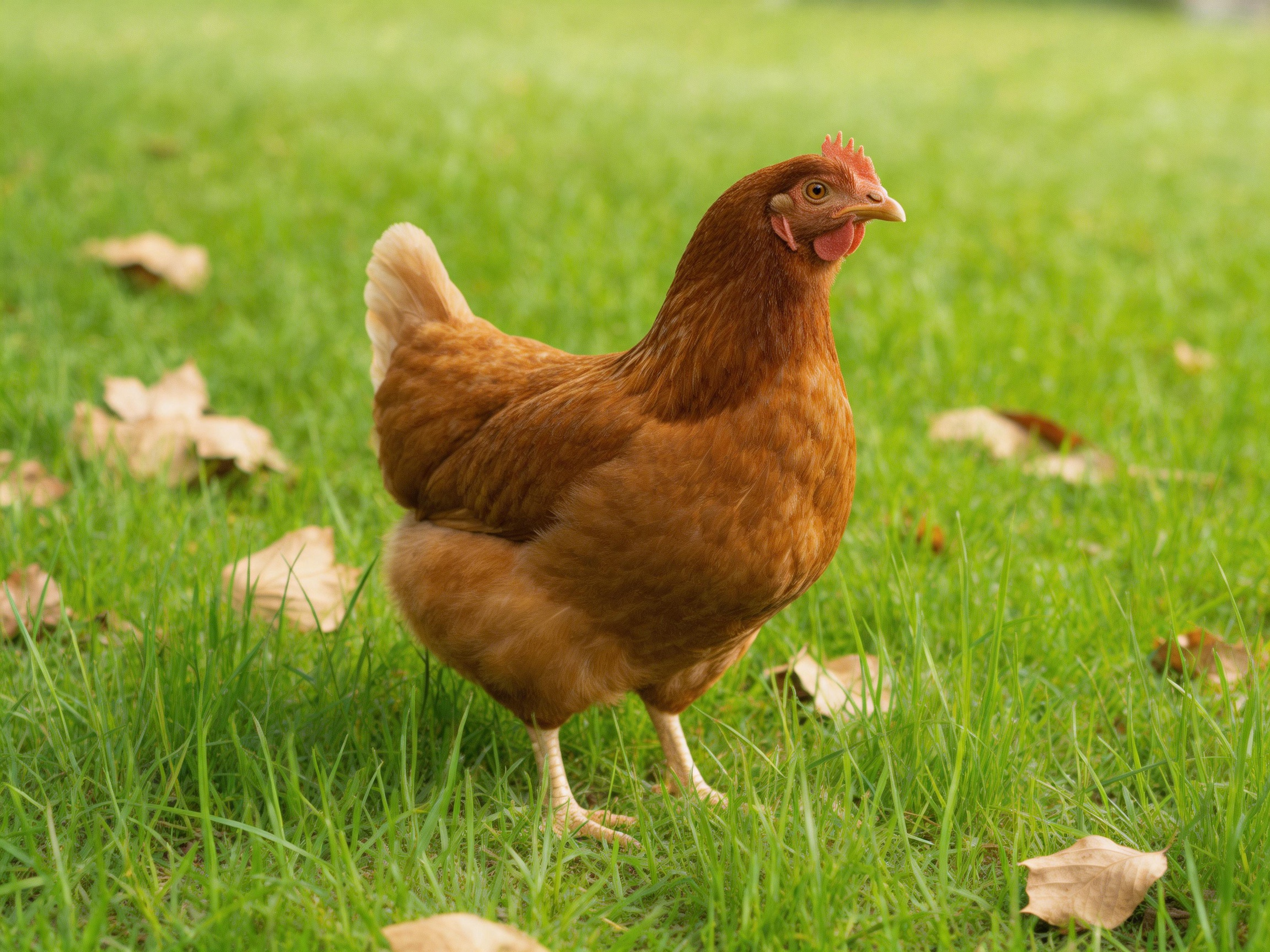 A brown hen standing on lush green grass with scattered dry leaves