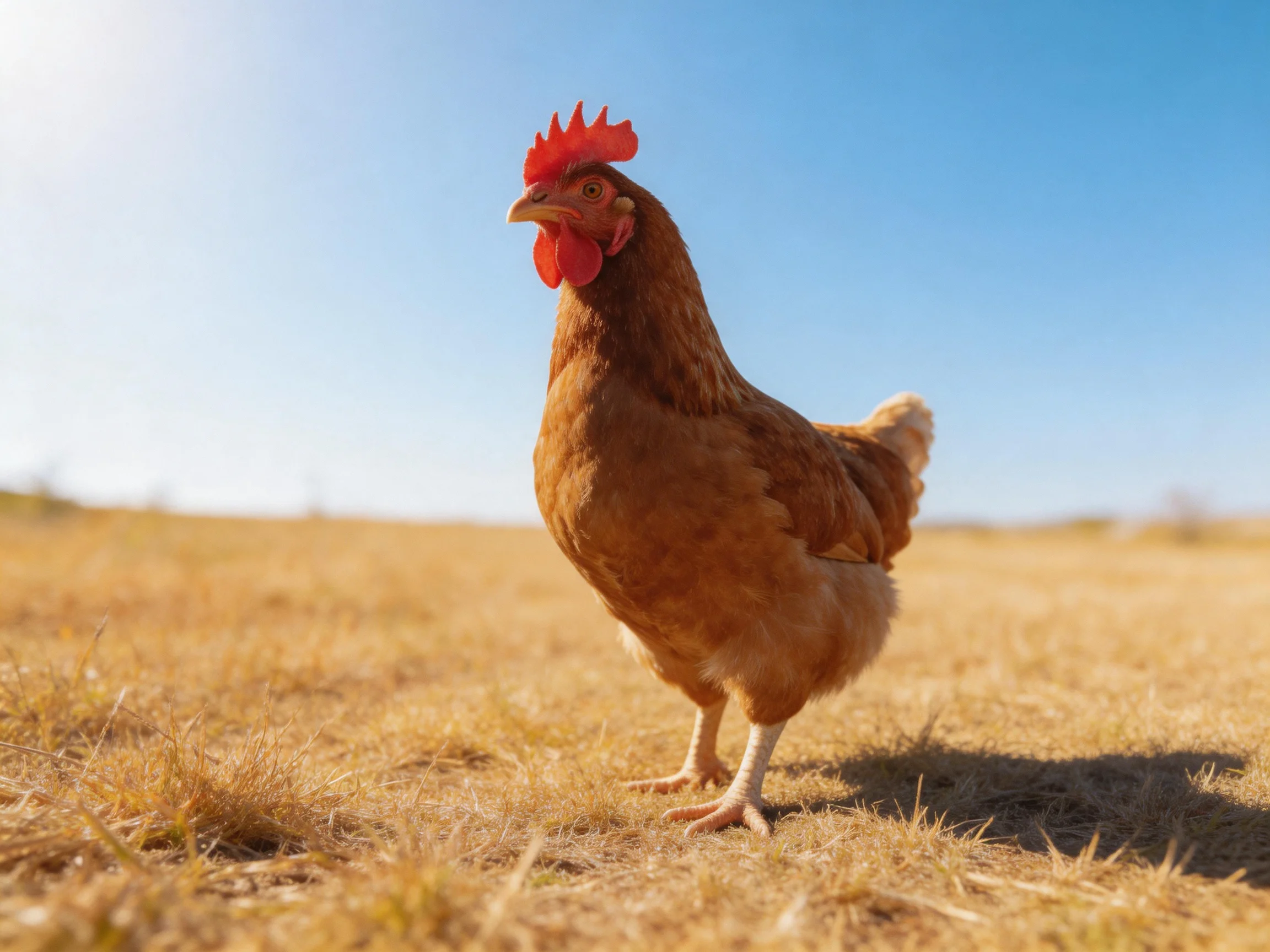 A brown hen stands alone in a sunlit golden field