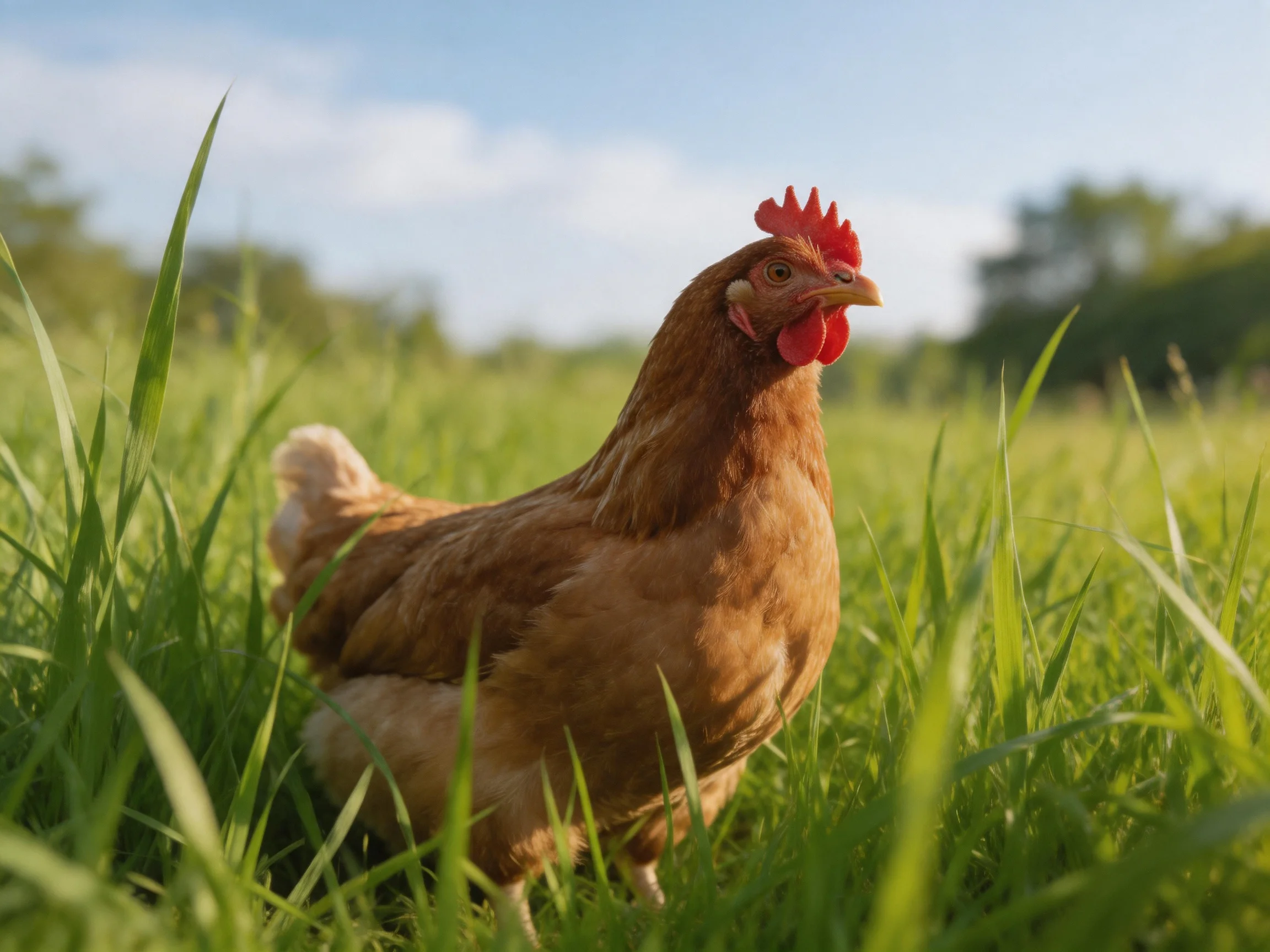 A brown hen stands amidst tall green grass in a sunlit field.
