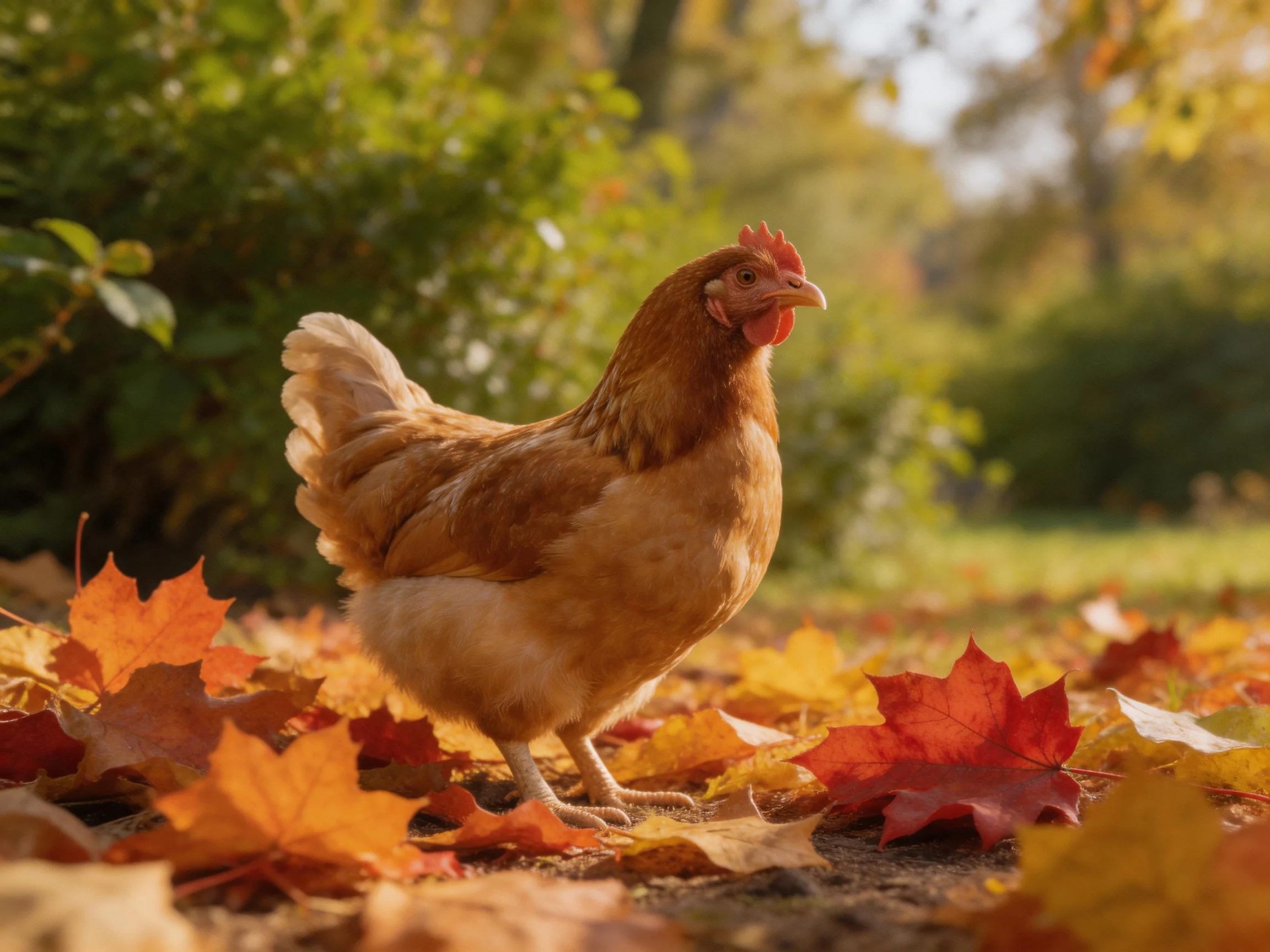 A brown hen walks through autumn leaves in a sunlit garden.
