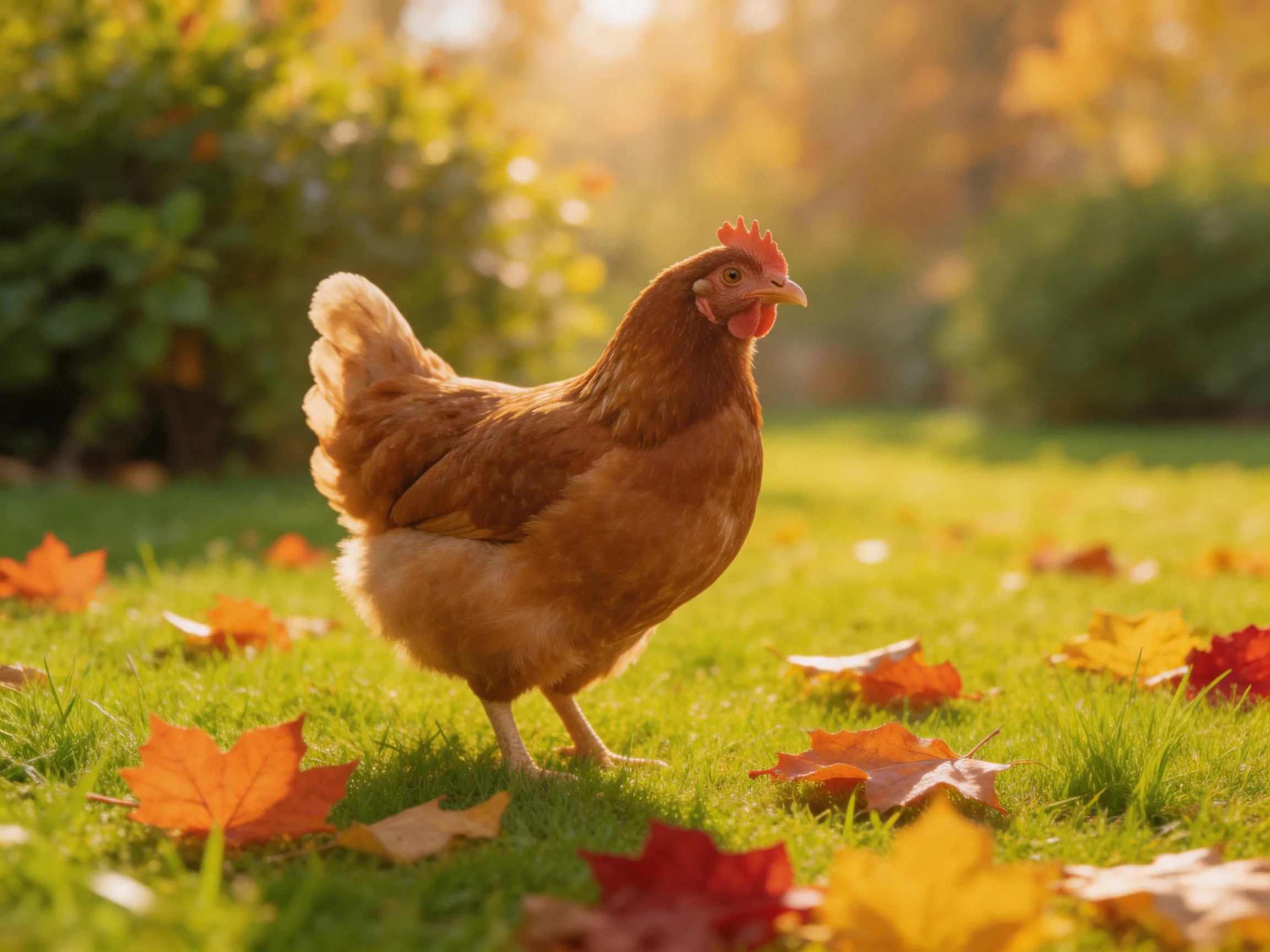 A brown hen stands among colorful autumn leaves on a sunlit lawn