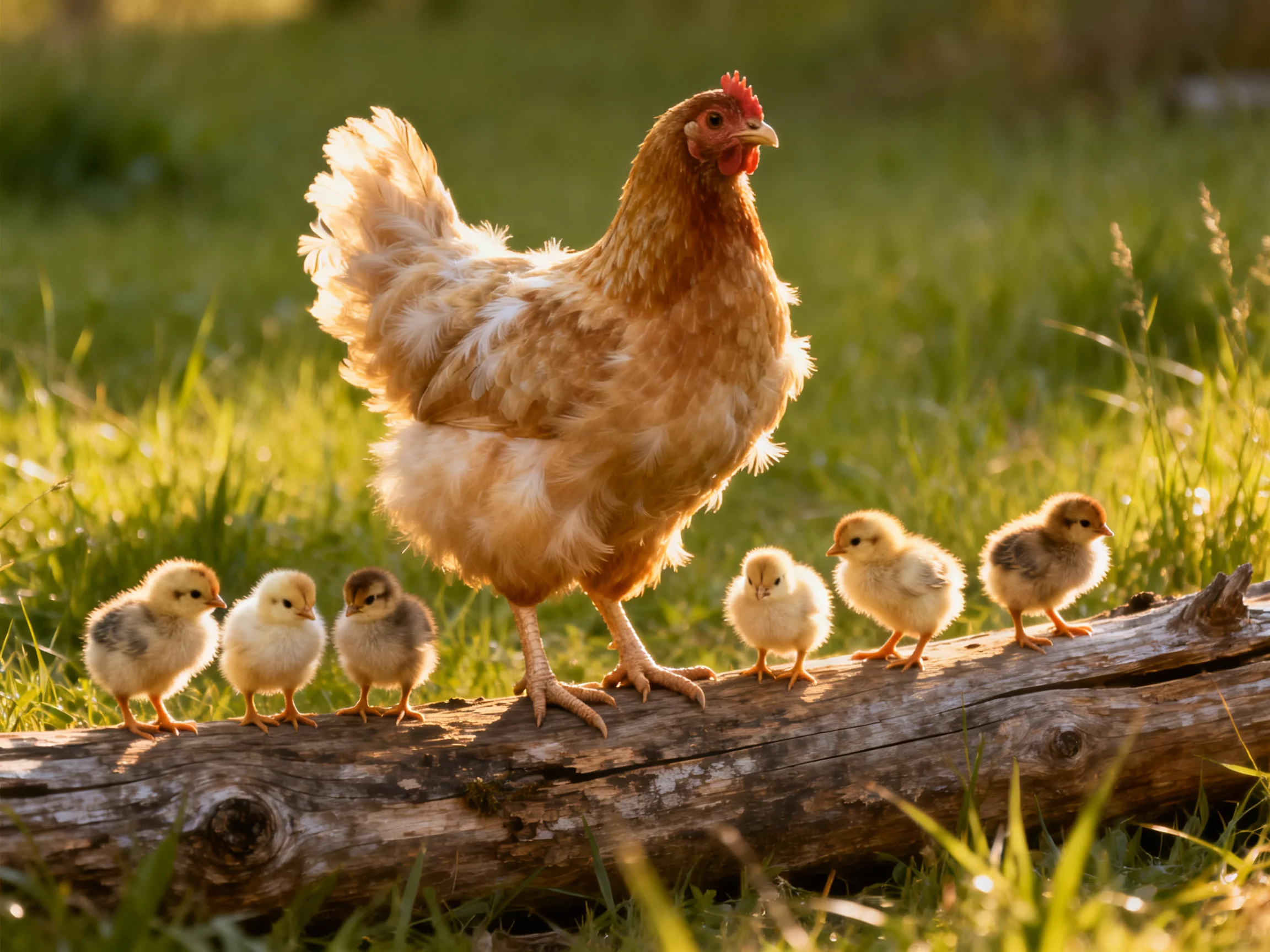 A brown hen stands among six fluffy yellow chicks on a log in a sunlit meadow
