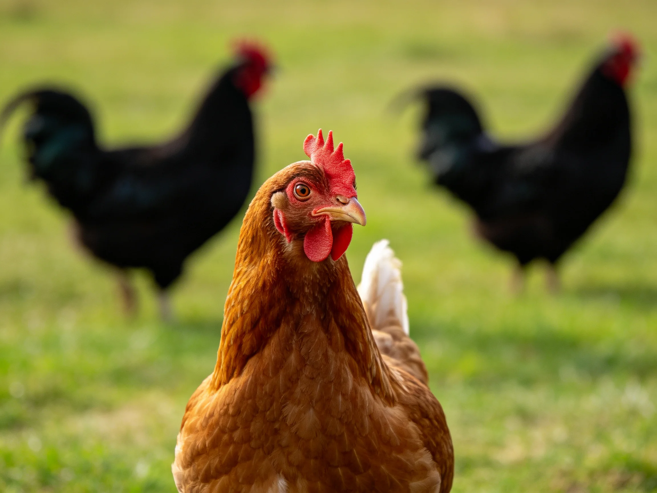 A brown hen is centered with two black hens blurred in the background on grass