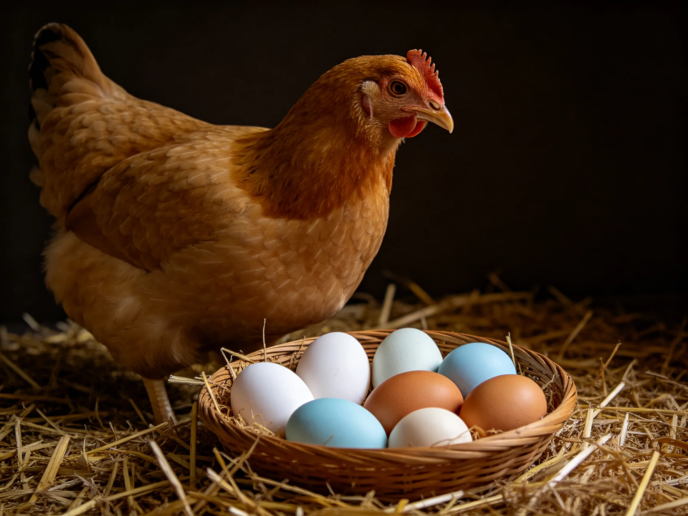 A brown hen stands beside a basket of multicolored eggs on straw bedding