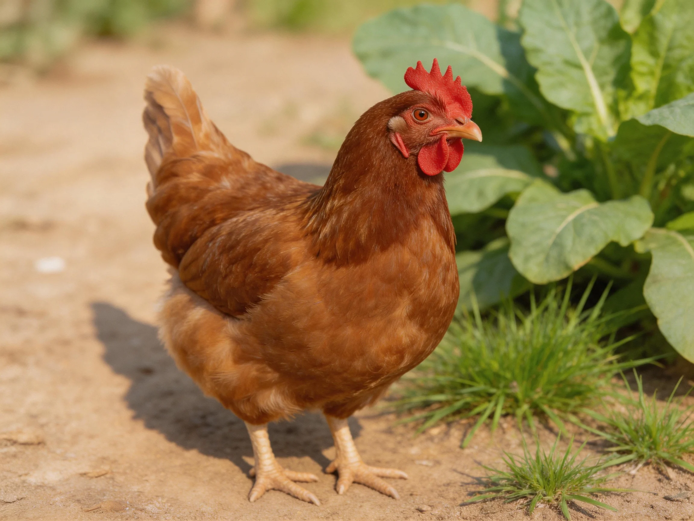 A brown hen stands beside leafy green plants on a dirt area