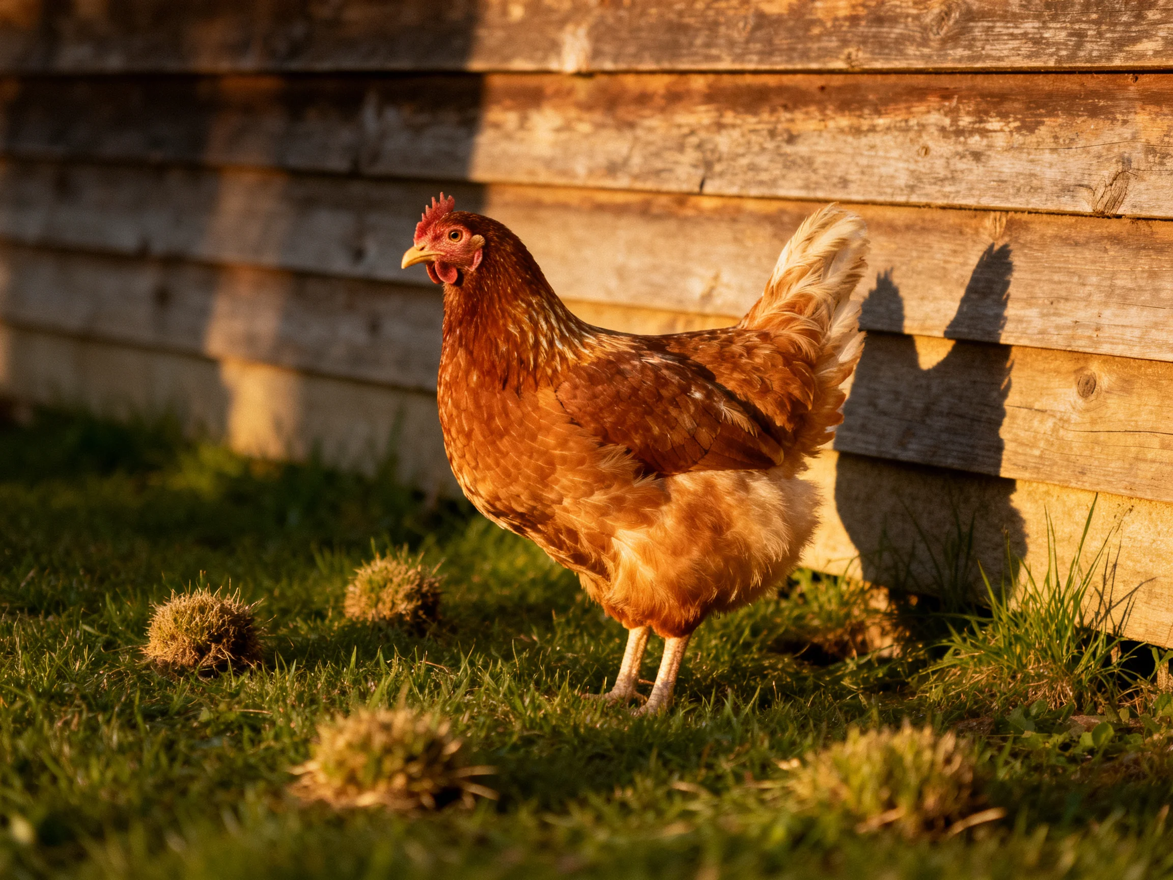 A brown hen stands beside weathered wood planks on green grass