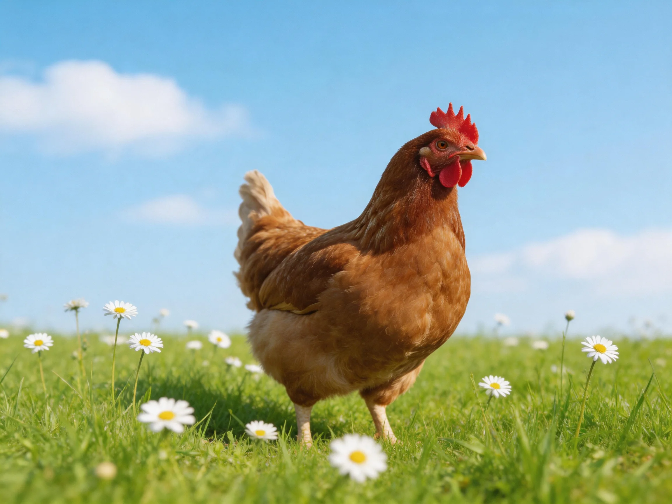 A brown hen stands in a green meadow with white daisies under bright blue sky