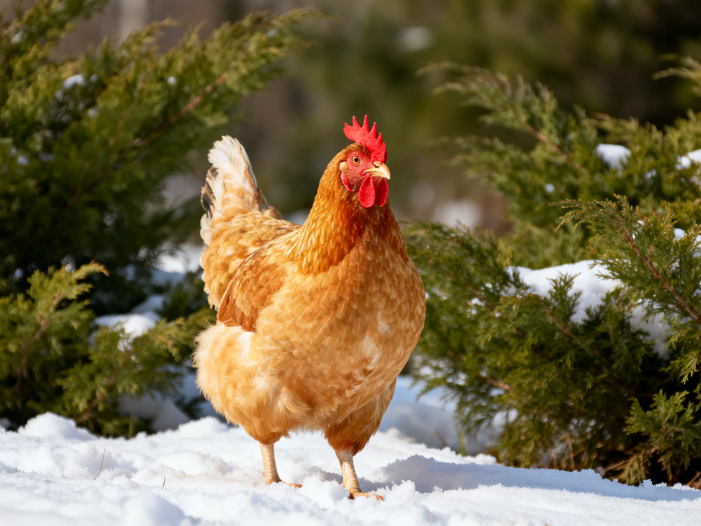 A brown hen stands in snow among green evergreen shrubs