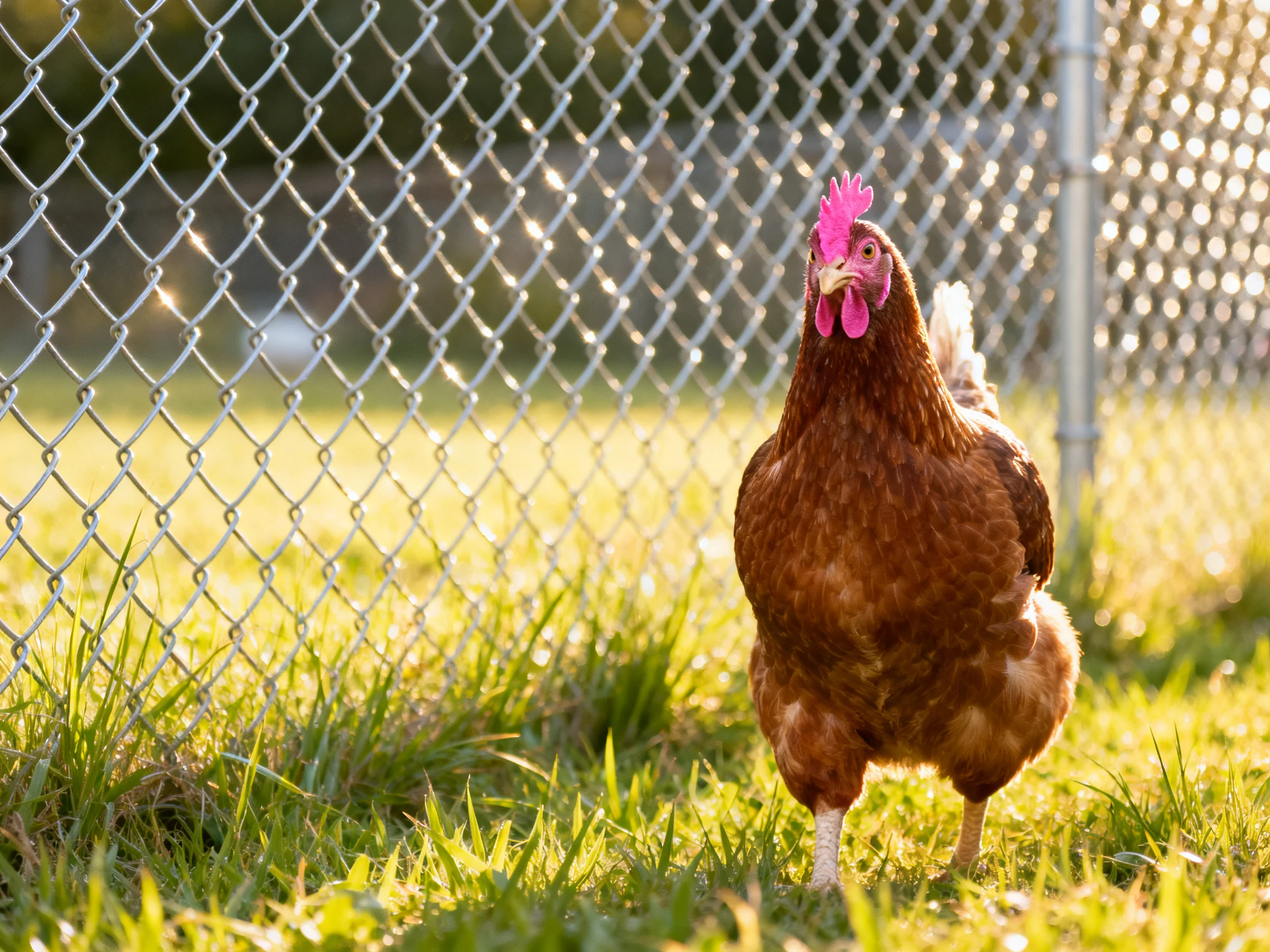 A brown hen stands near a silver chain-link fence on sunlit grass