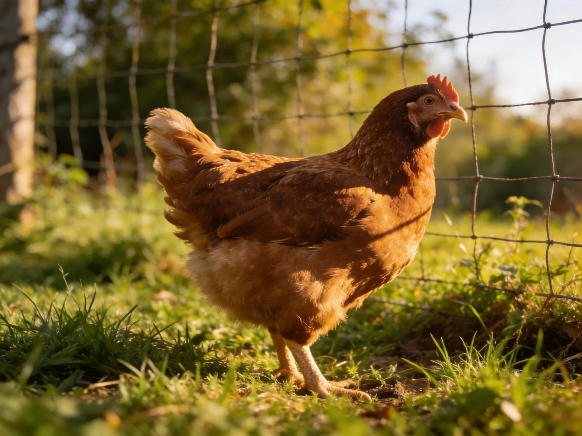 A brown hen stands near a wire fence in a sunlit field