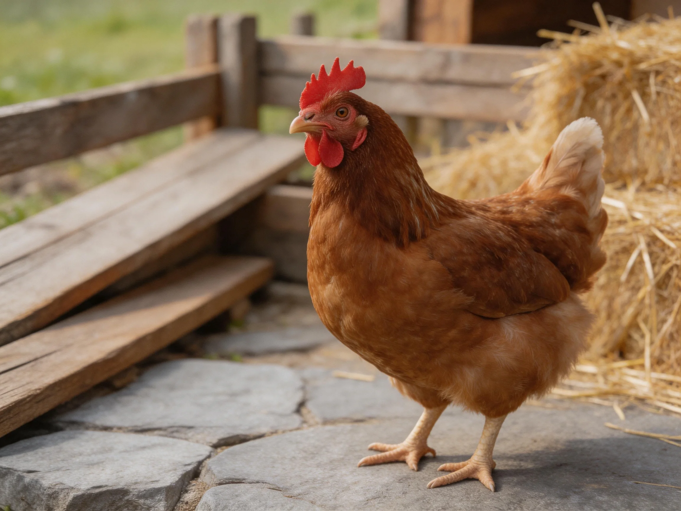 A brown hen stands near hay bales and wooden planks on stone pavement