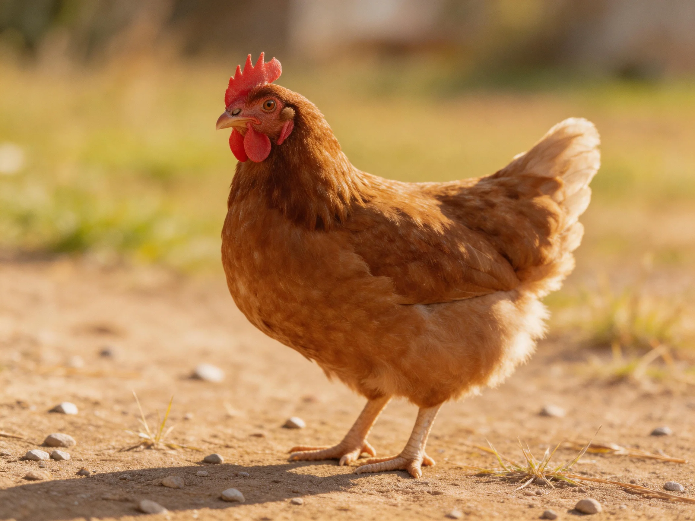 A brown hen stands on a gravelly dirt path with scattered pebbles
