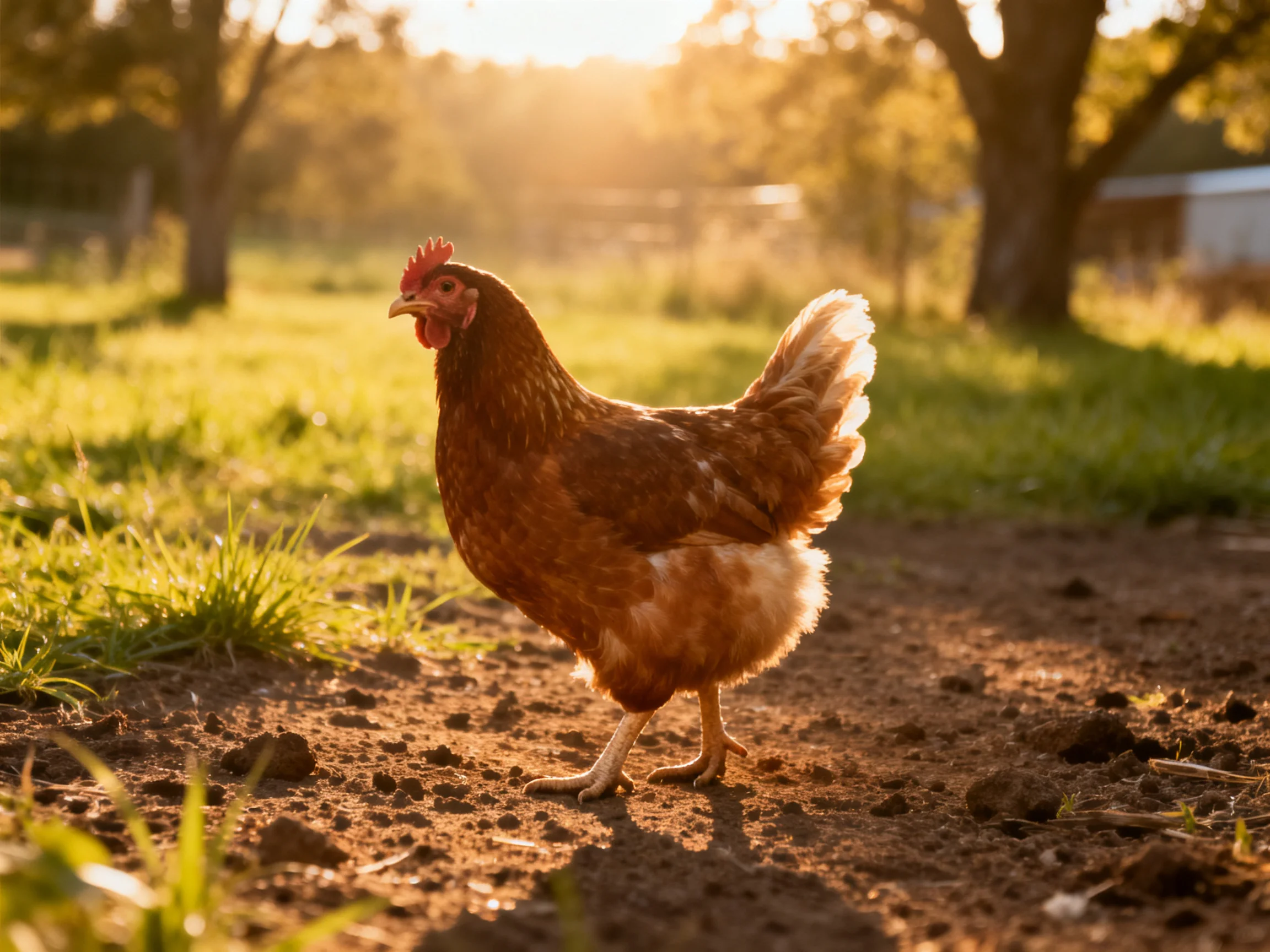 A brown hen stands on a sunlit dirt path near green grass and trees