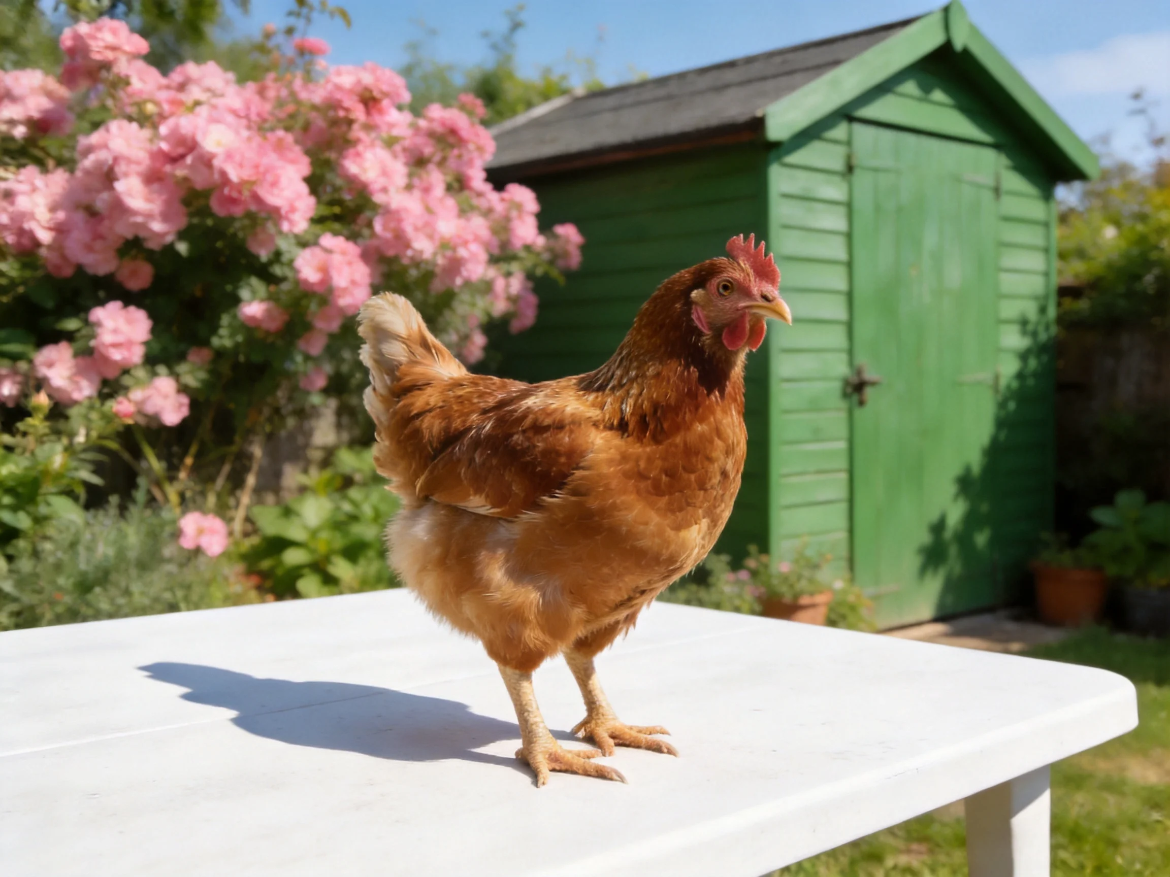 A brown hen stands on a white table near a green shed with pink flowers
