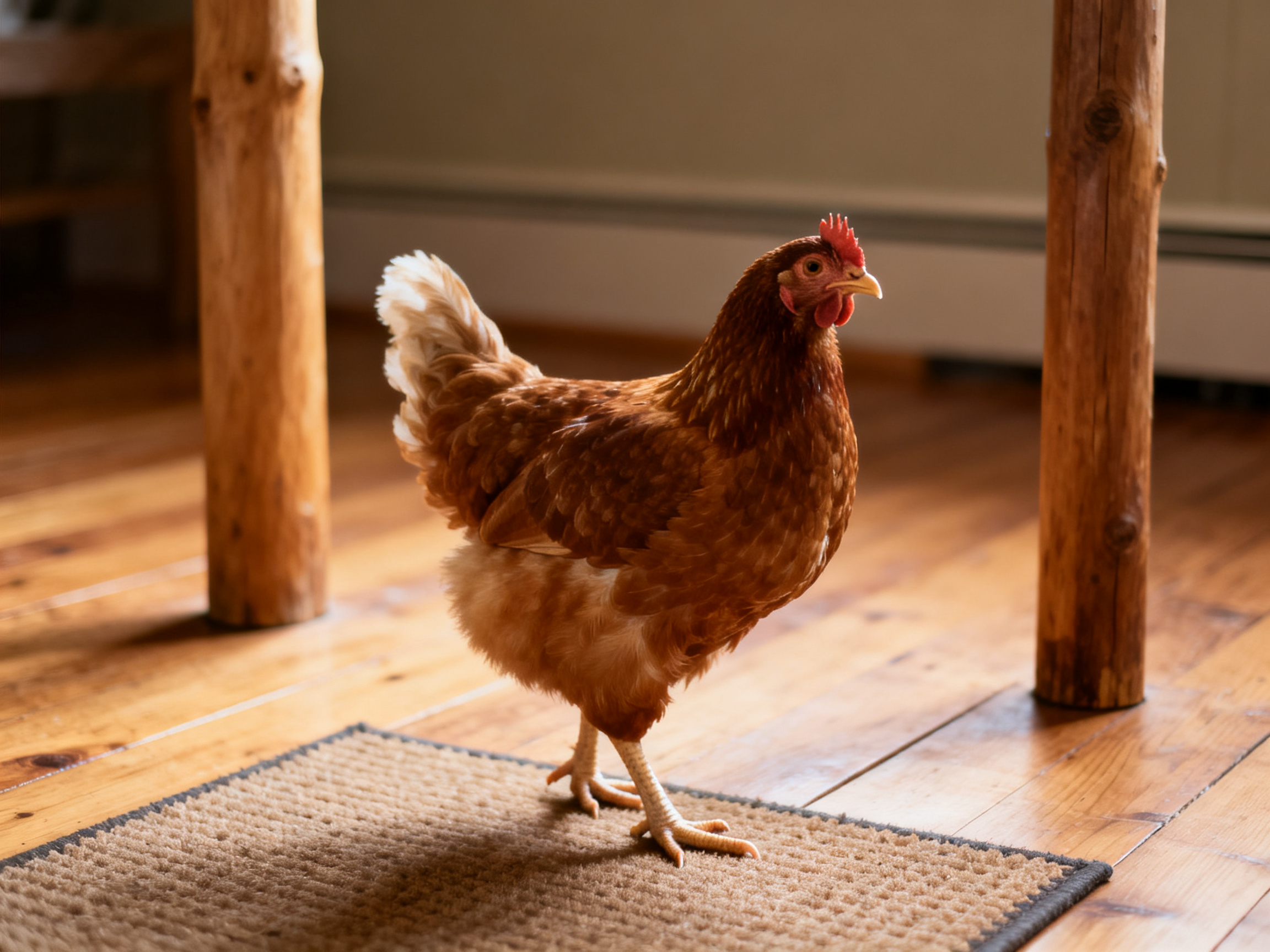 A brown hen stands on a woven rug near wooden posts indoors
