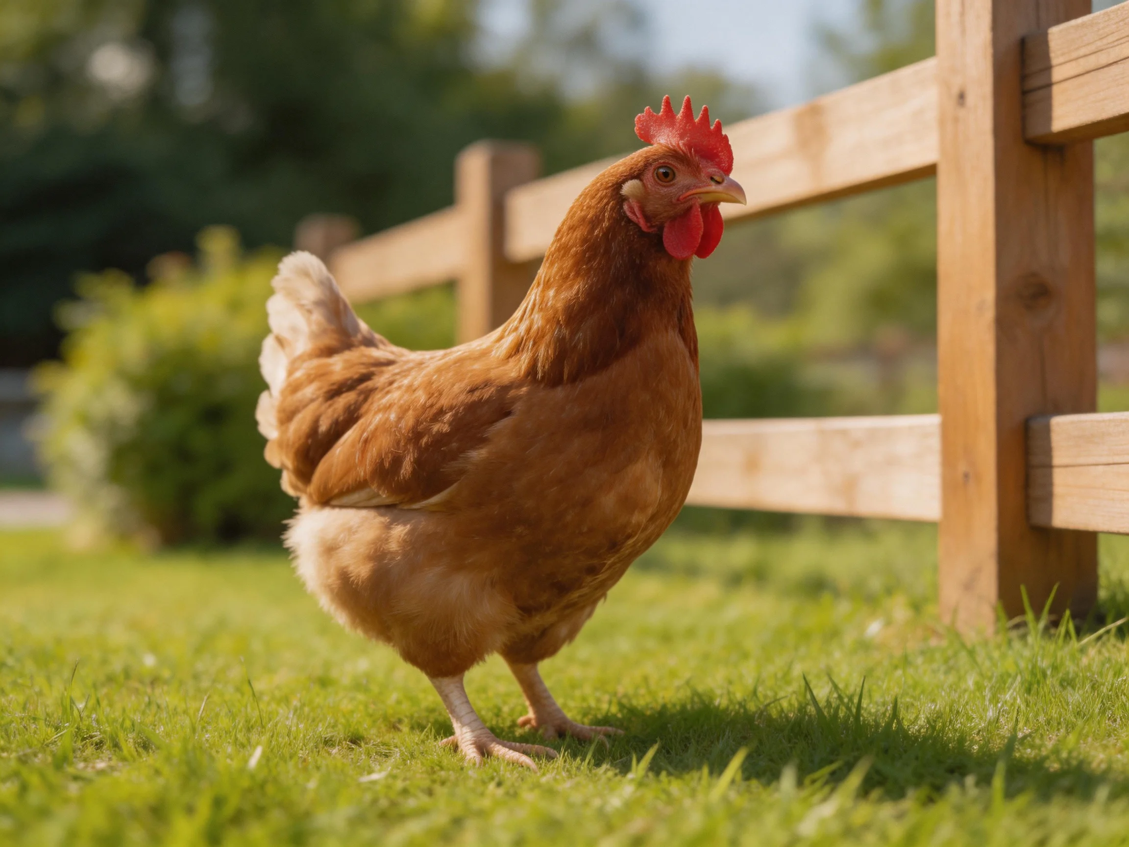 A brown hen stands on lush green grass beside a wooden fence