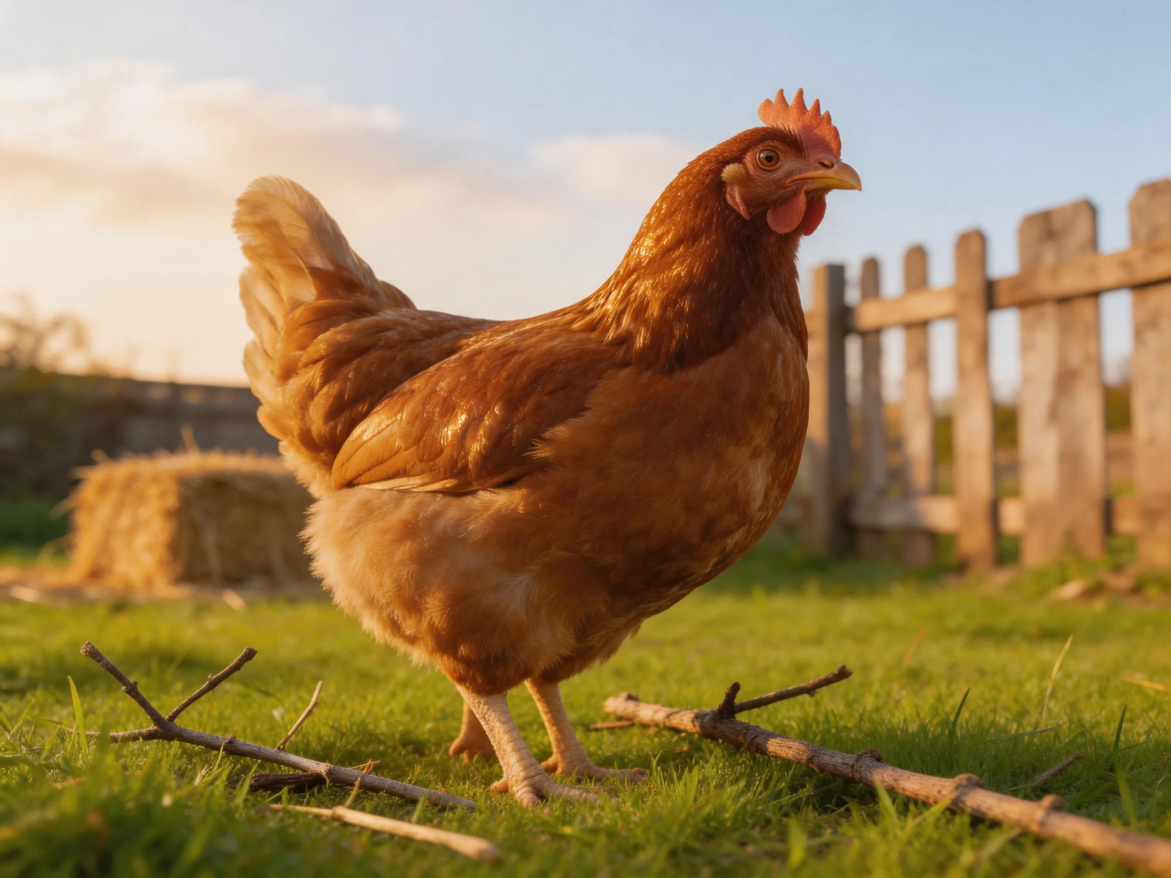 A brown hen stands on grass near a wooden fence in a sunny farm setting.