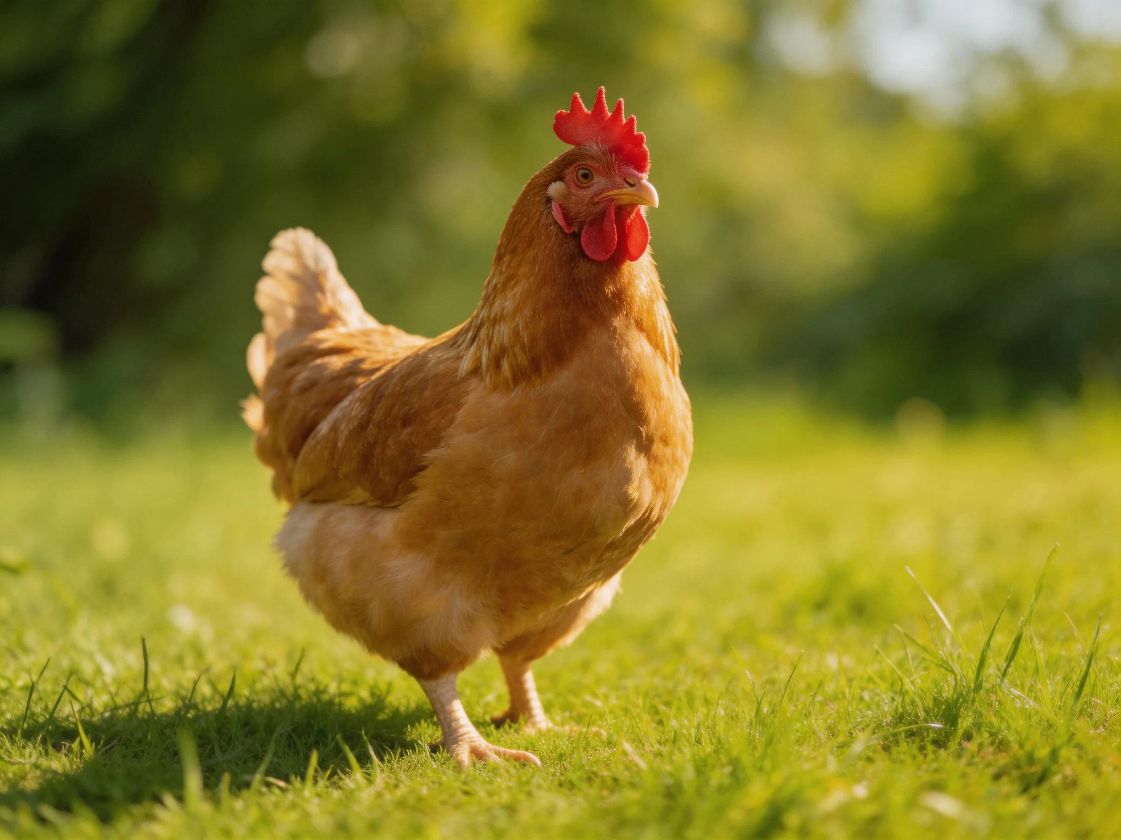 A brown hen stands on lush green grass in a sunlit field