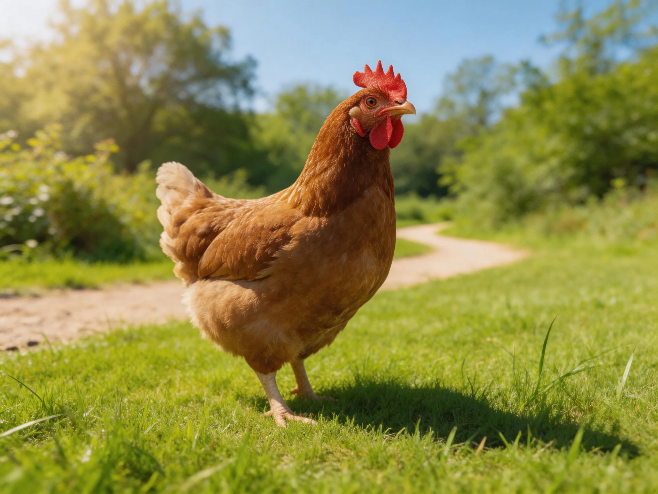A brown hen stands on lush green grass near a winding dirt path