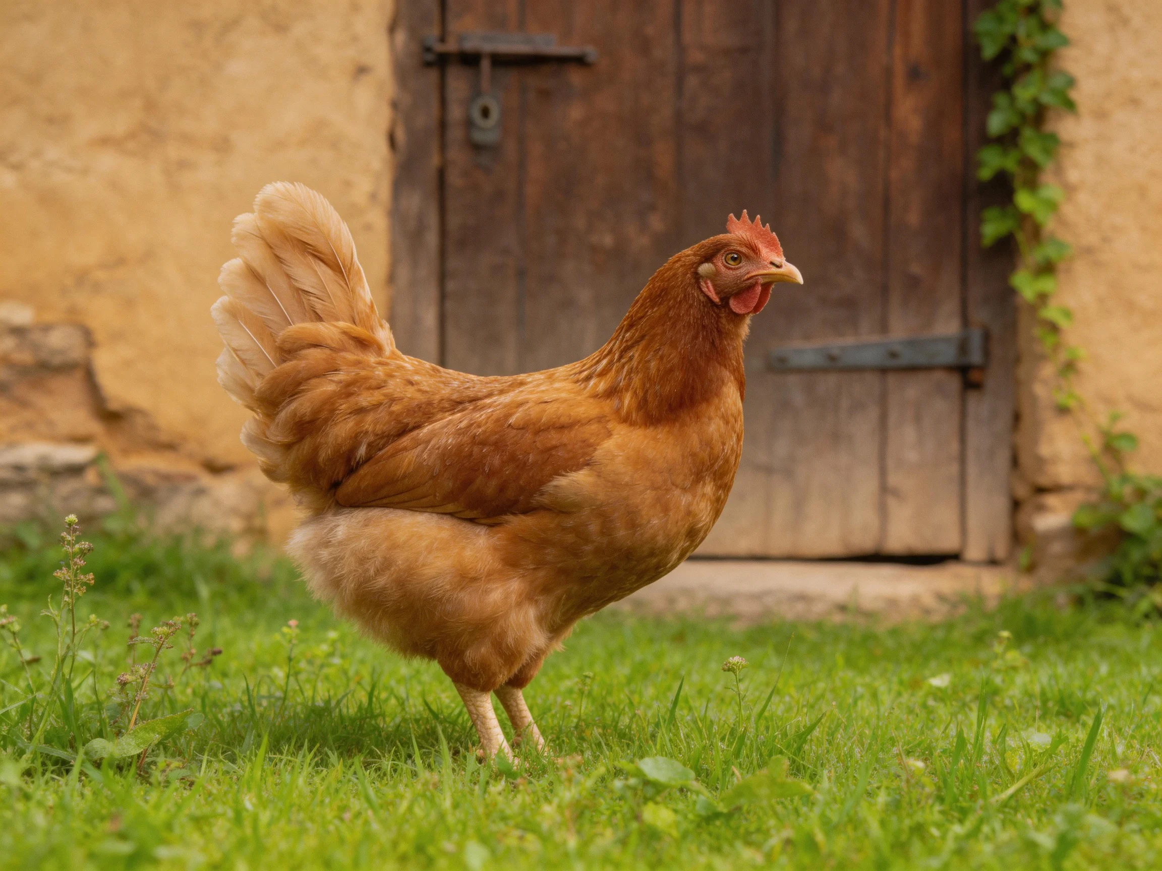 A brown hen stands on lush green grass near an old wooden door