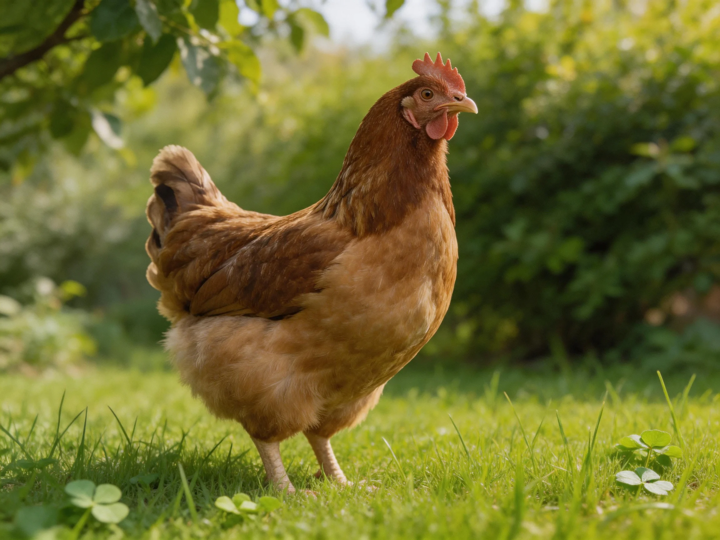 A brown hen stands on lush green grass near leafy bushes
