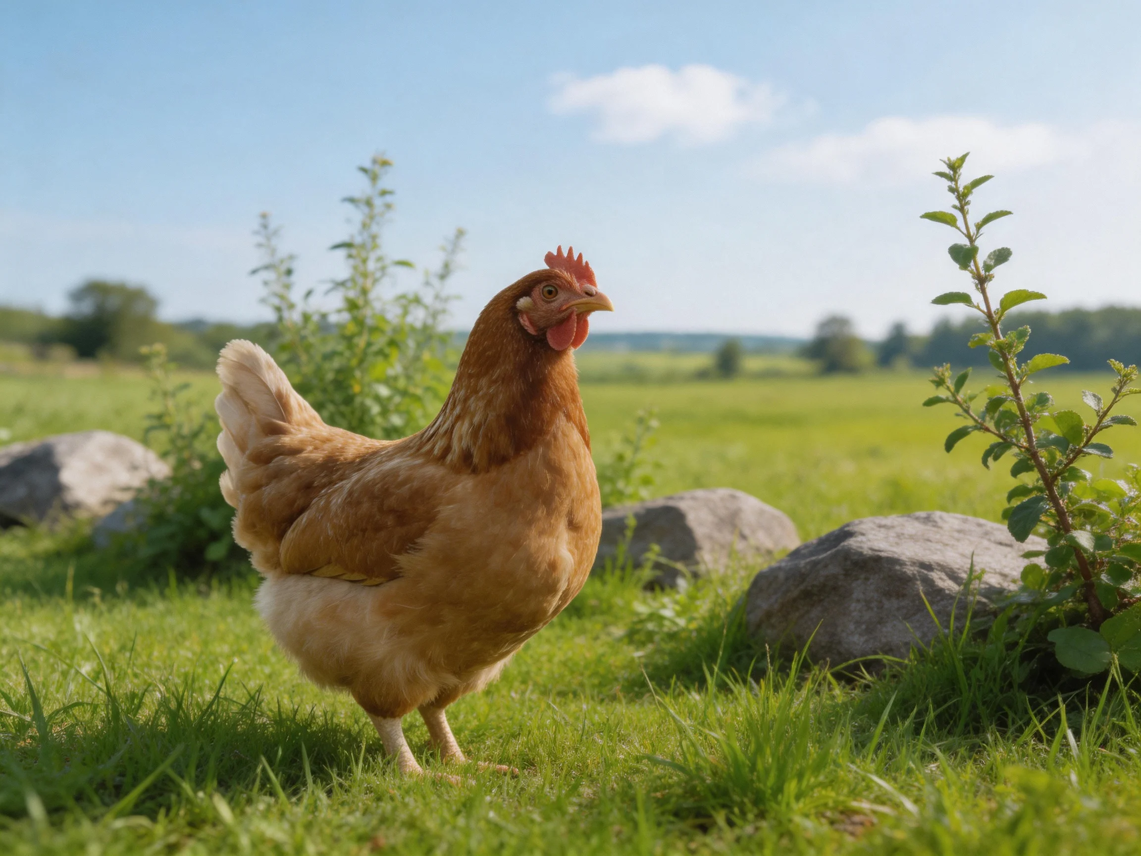 A brown hen stands on lush green grass near rocks and shrubs