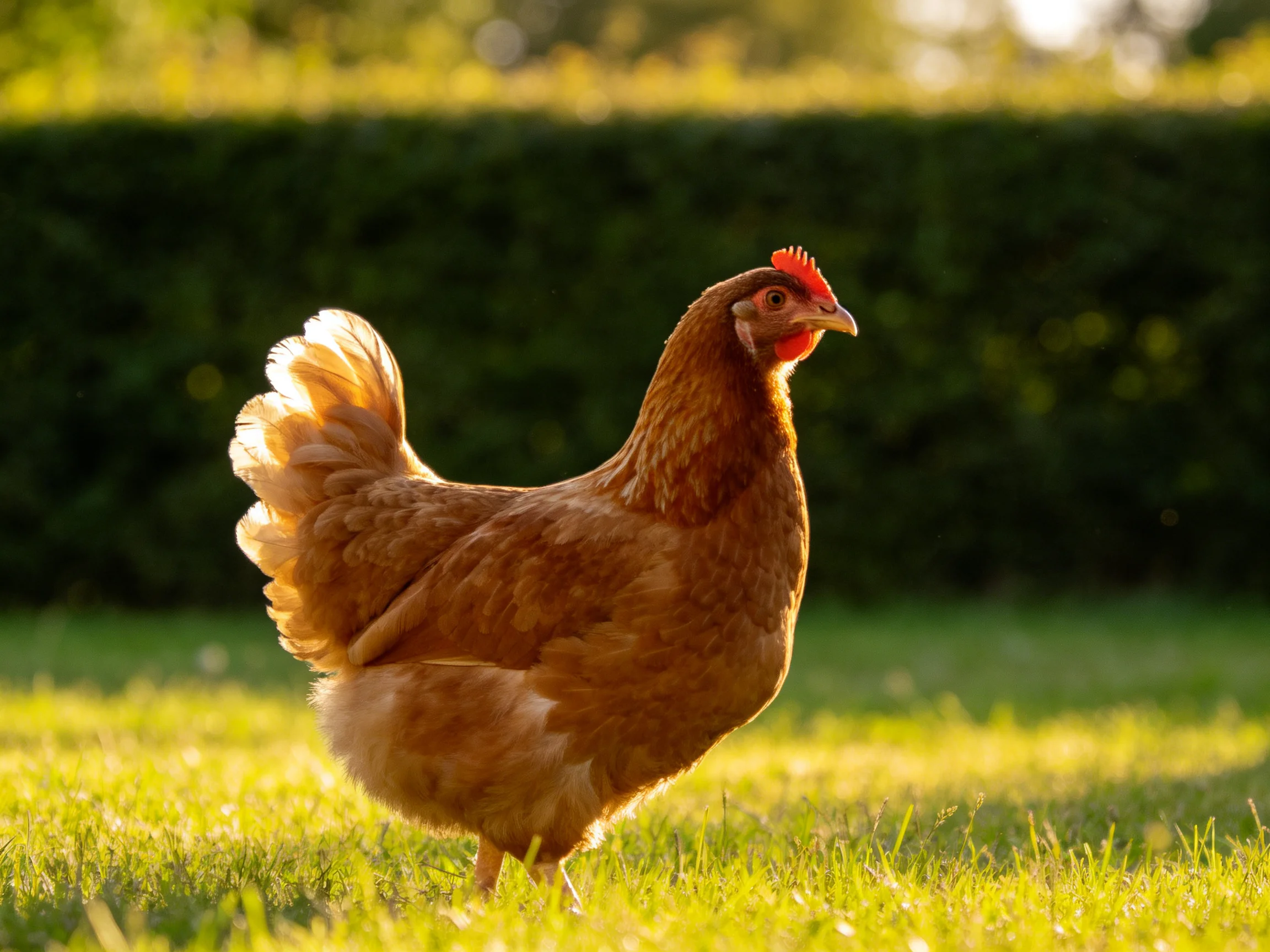 A brown hen roams on sunlit grass near a dark hedge