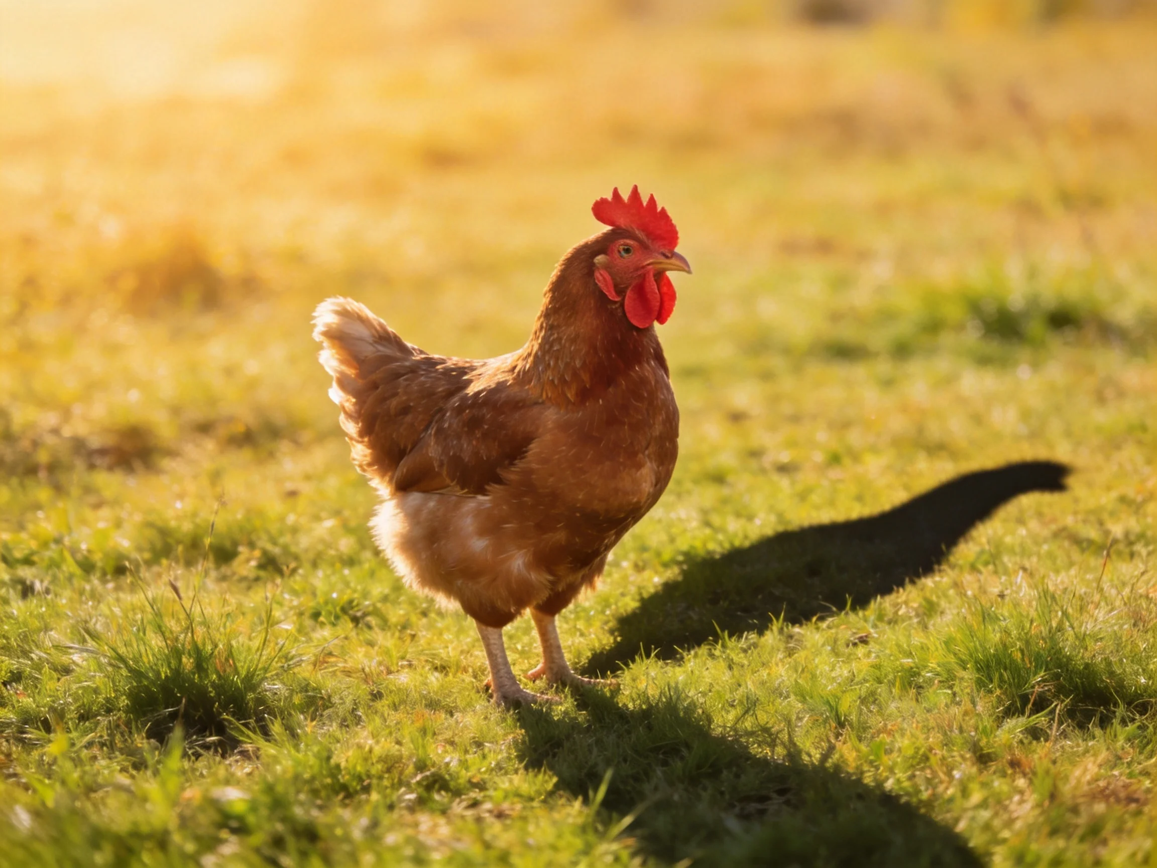 A brown hen stands on sunlit green grass with a long shadow