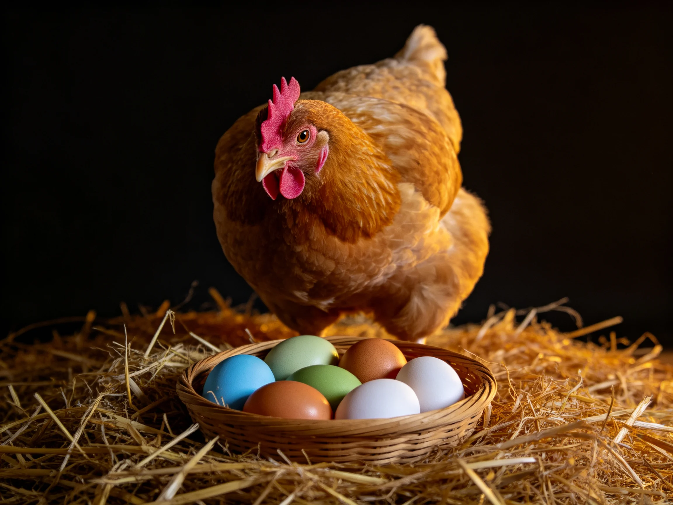 A brown hen stands over a basket of colorful eggs on straw