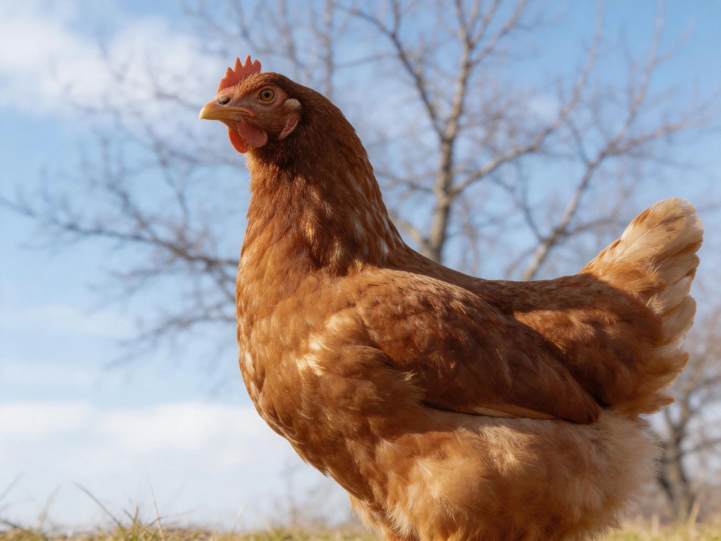 A brown hen stands prominently against a clear blue sky with bare trees