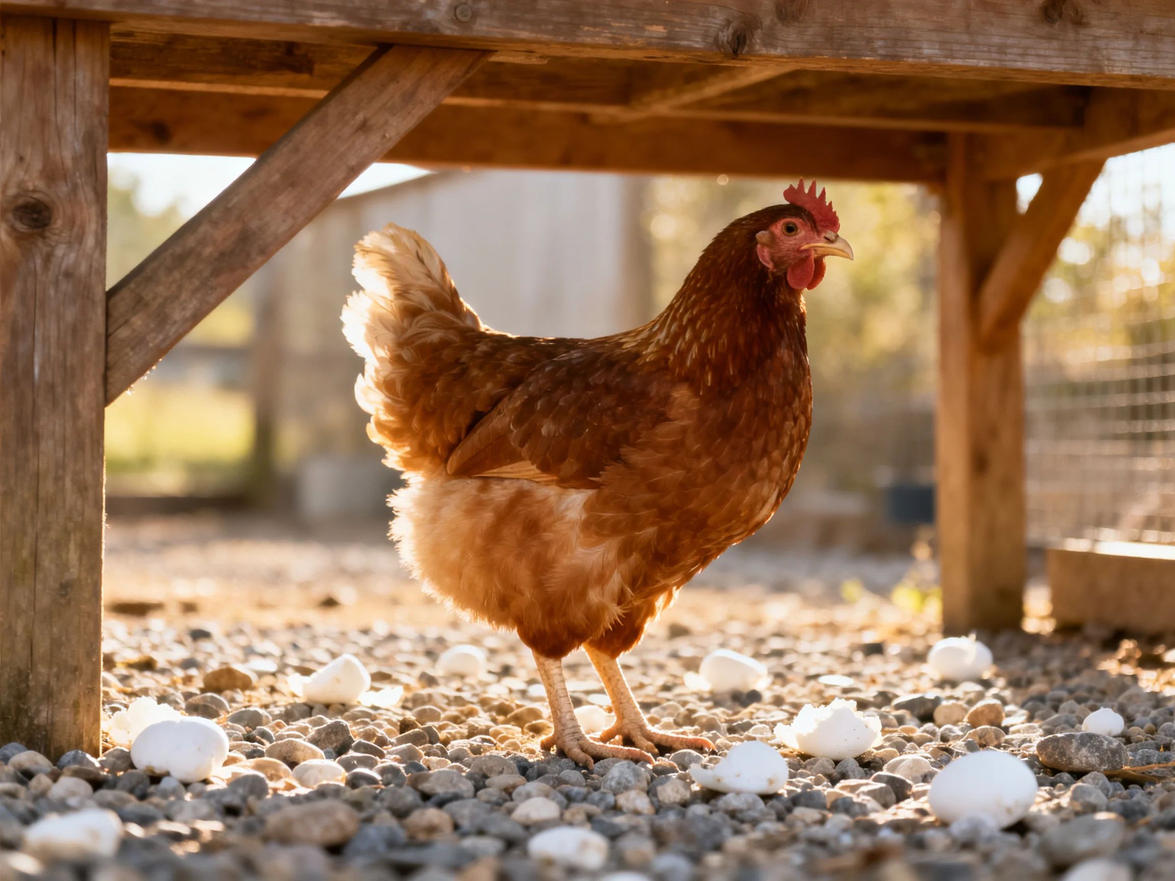 A brown hen stands under a wooden shelter with pebbles and eggs
