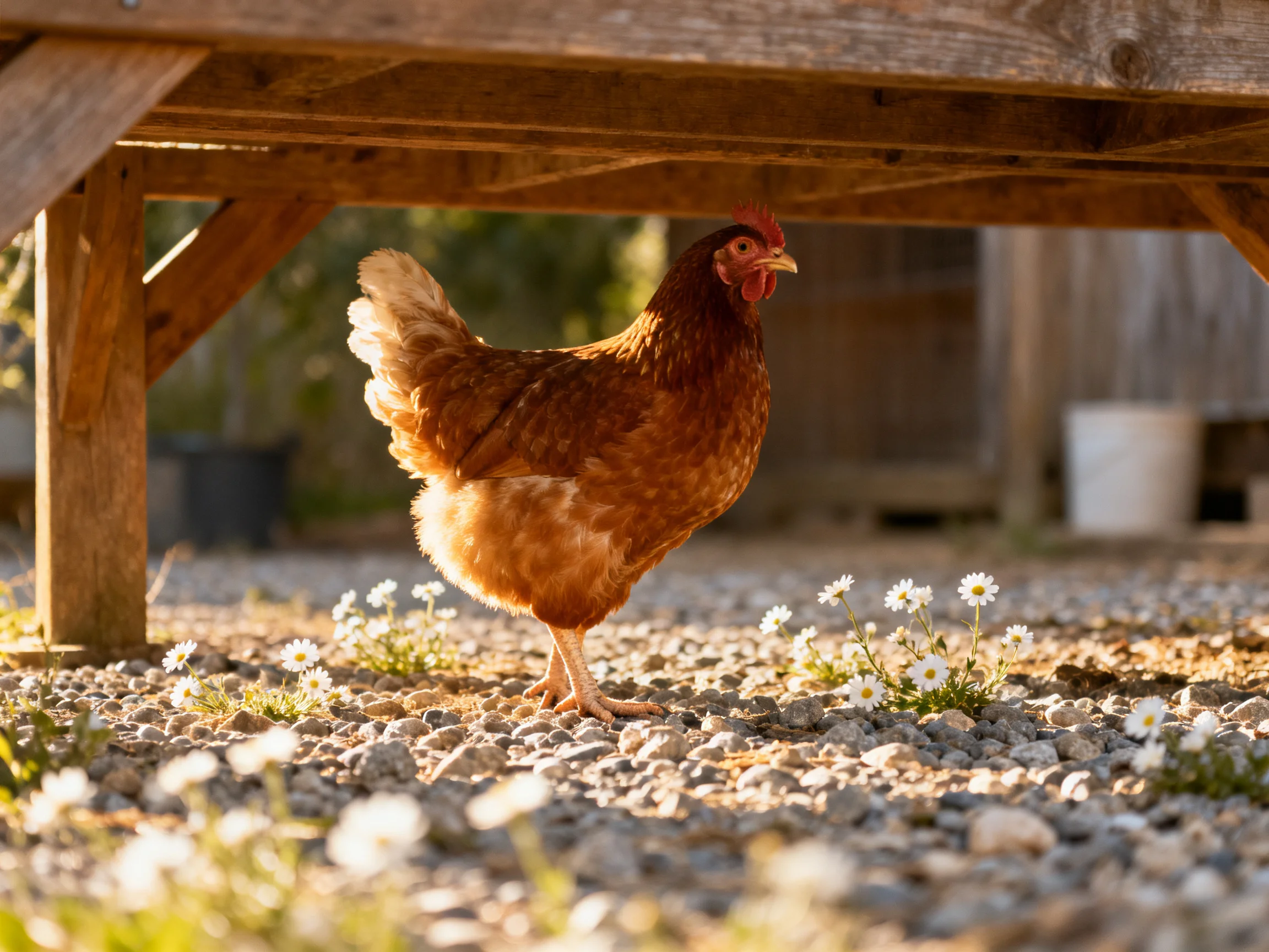 A brown hen under a wooden structure on gravel with white flowers