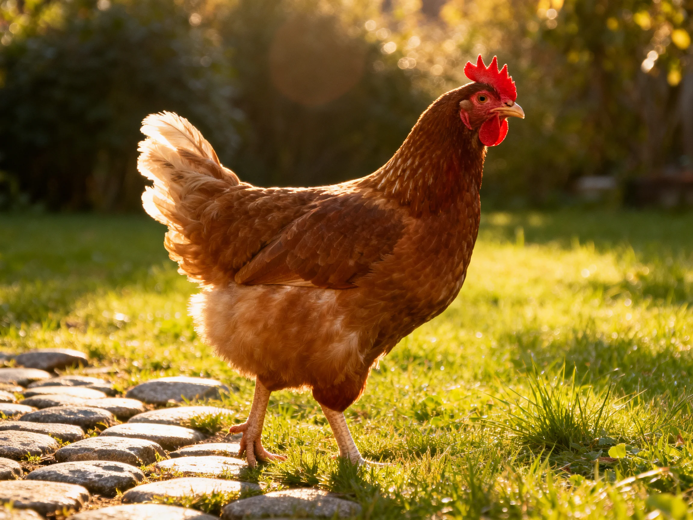 A brown hen walking along a stone path in a sunlit garden