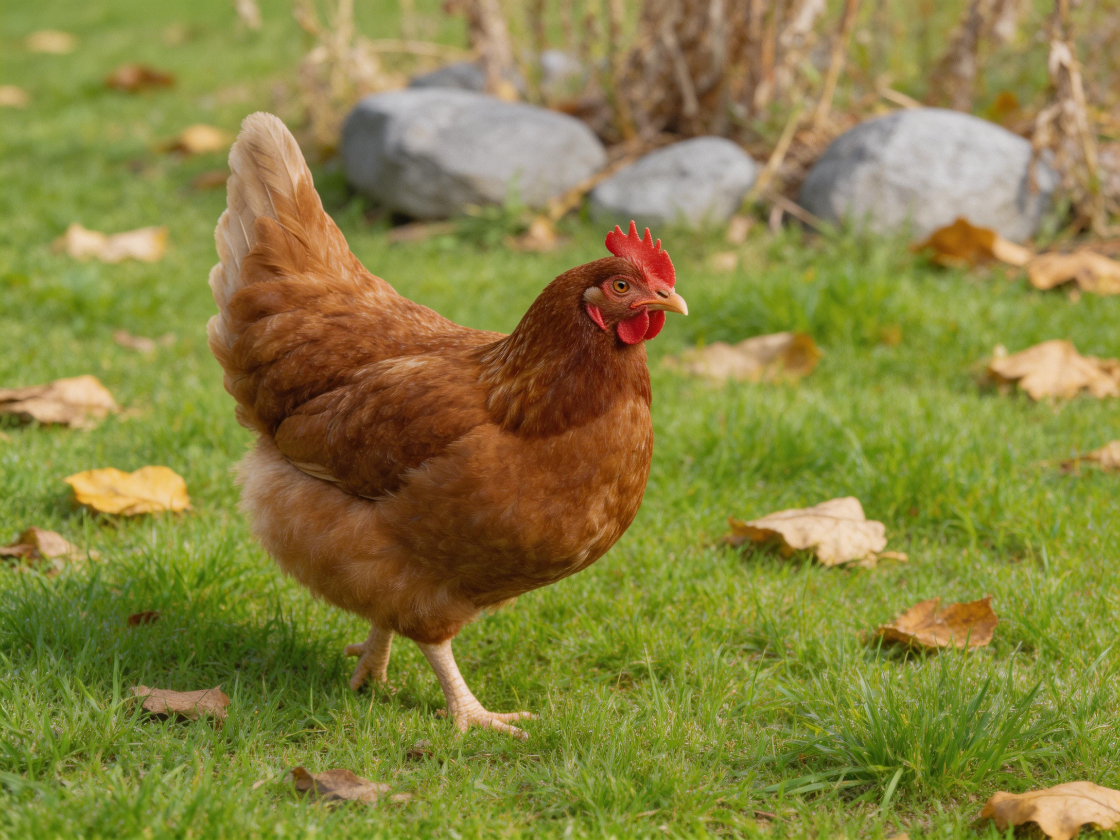 A brown hen walking on green grass with scattered autumn leaves