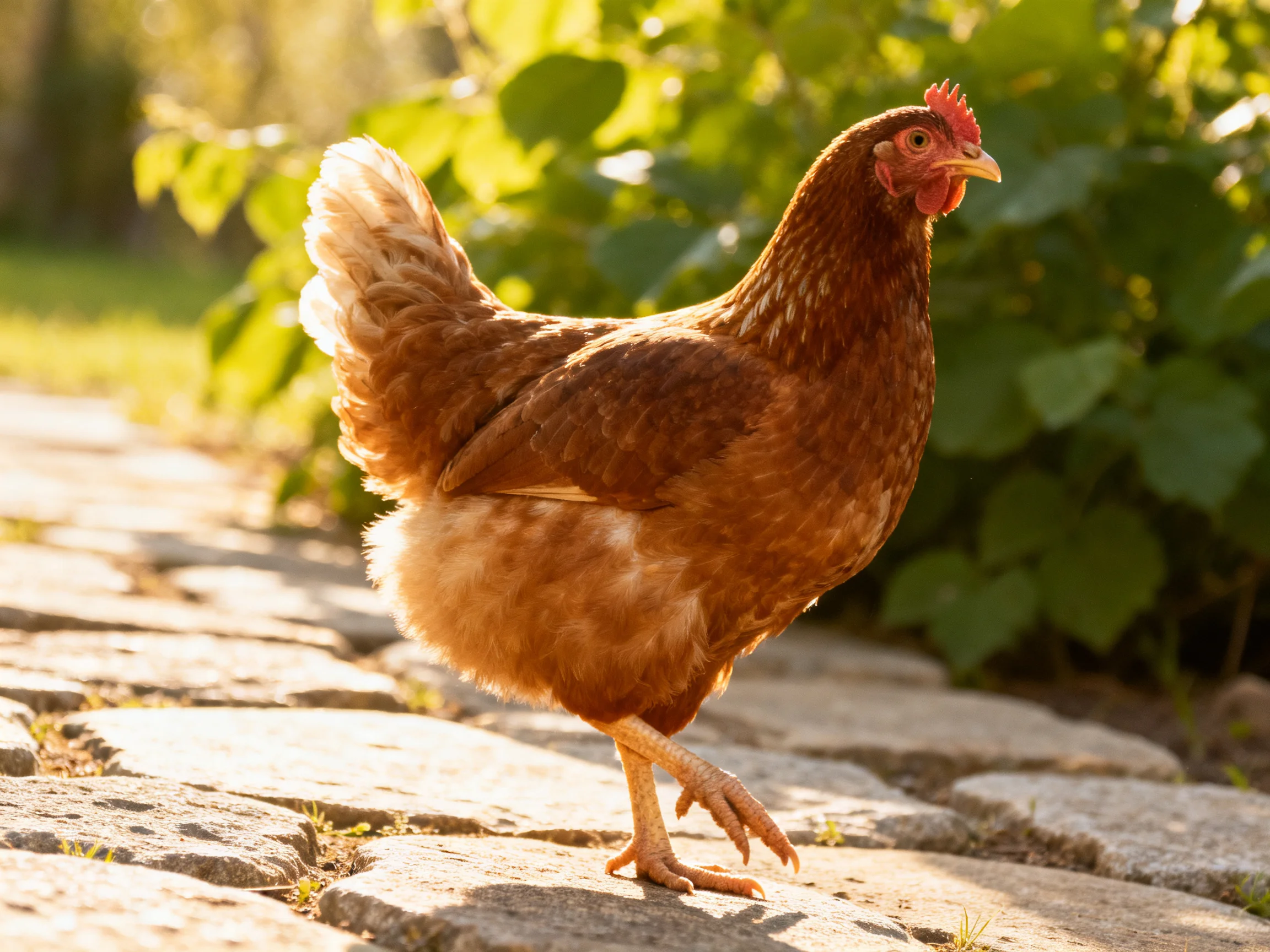 A brown hen walks along a sunlit stone path near lush green foliage