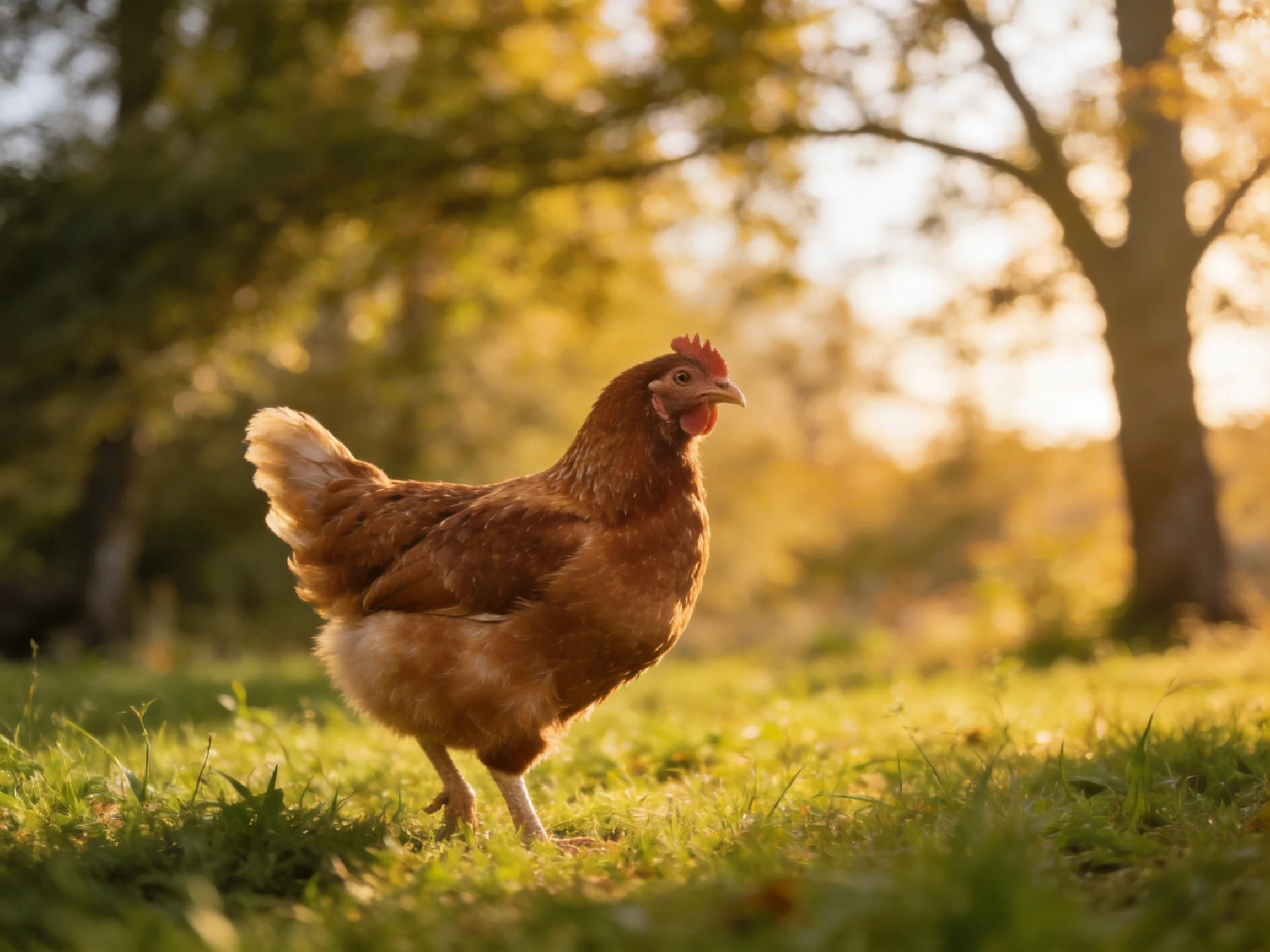 A brown hen walks on lush green grass amid golden sunlight and trees