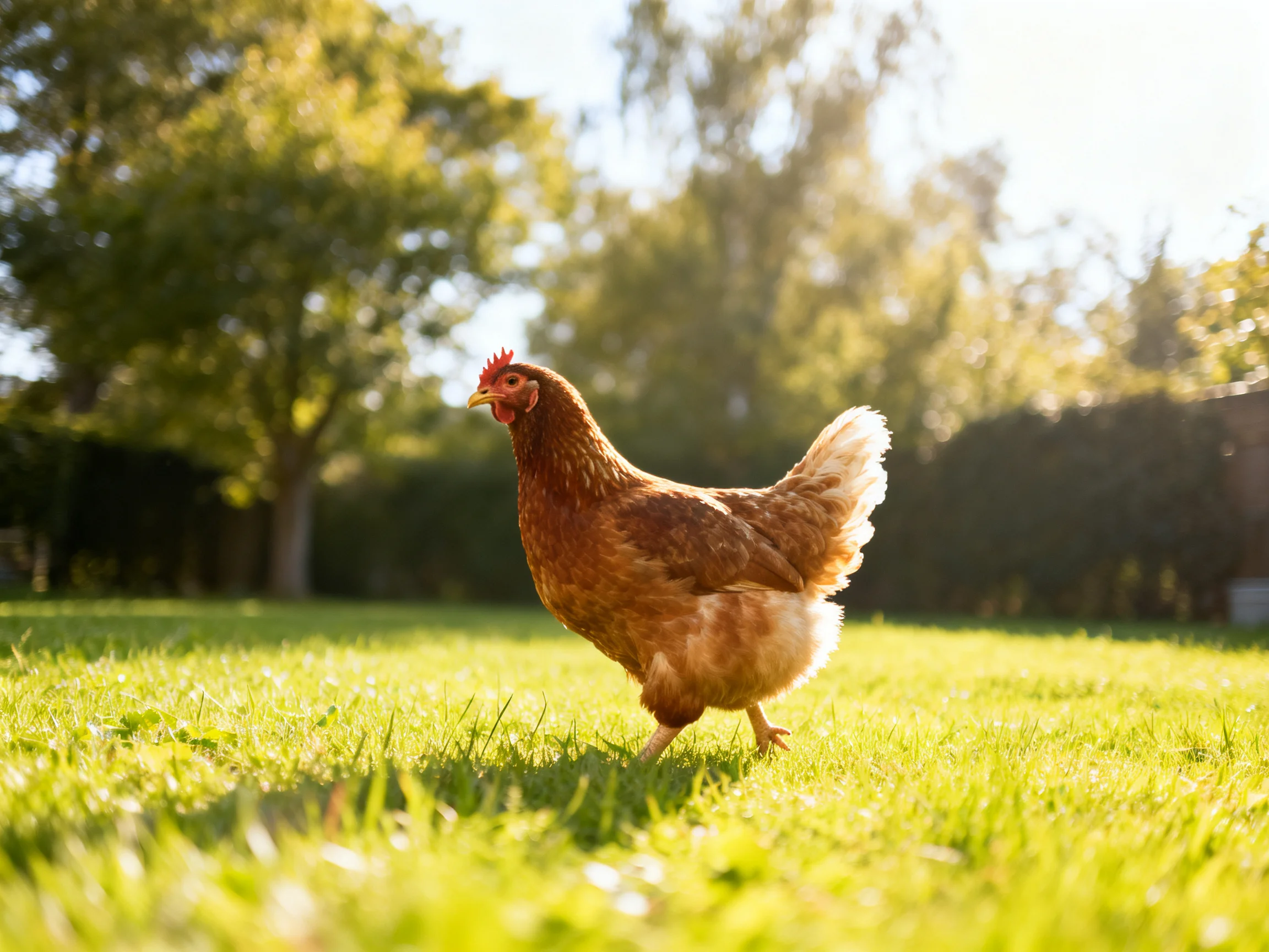 A brown hen walks on sun-drenched green grass near leafy trees