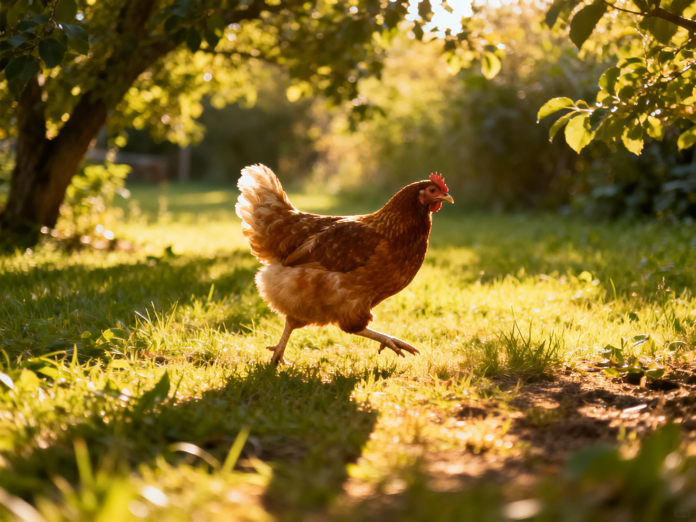 A brown hen walks through sunlit green grass near leafy trees