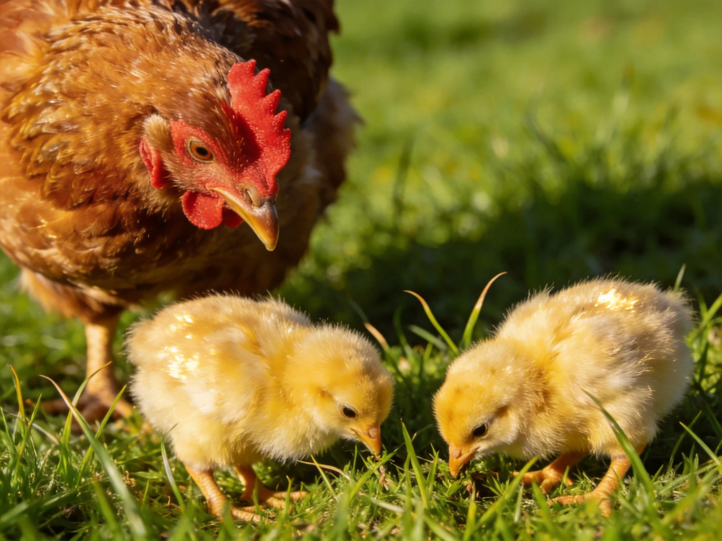 A brown hen watches two yellow chicks forage on lush green grass