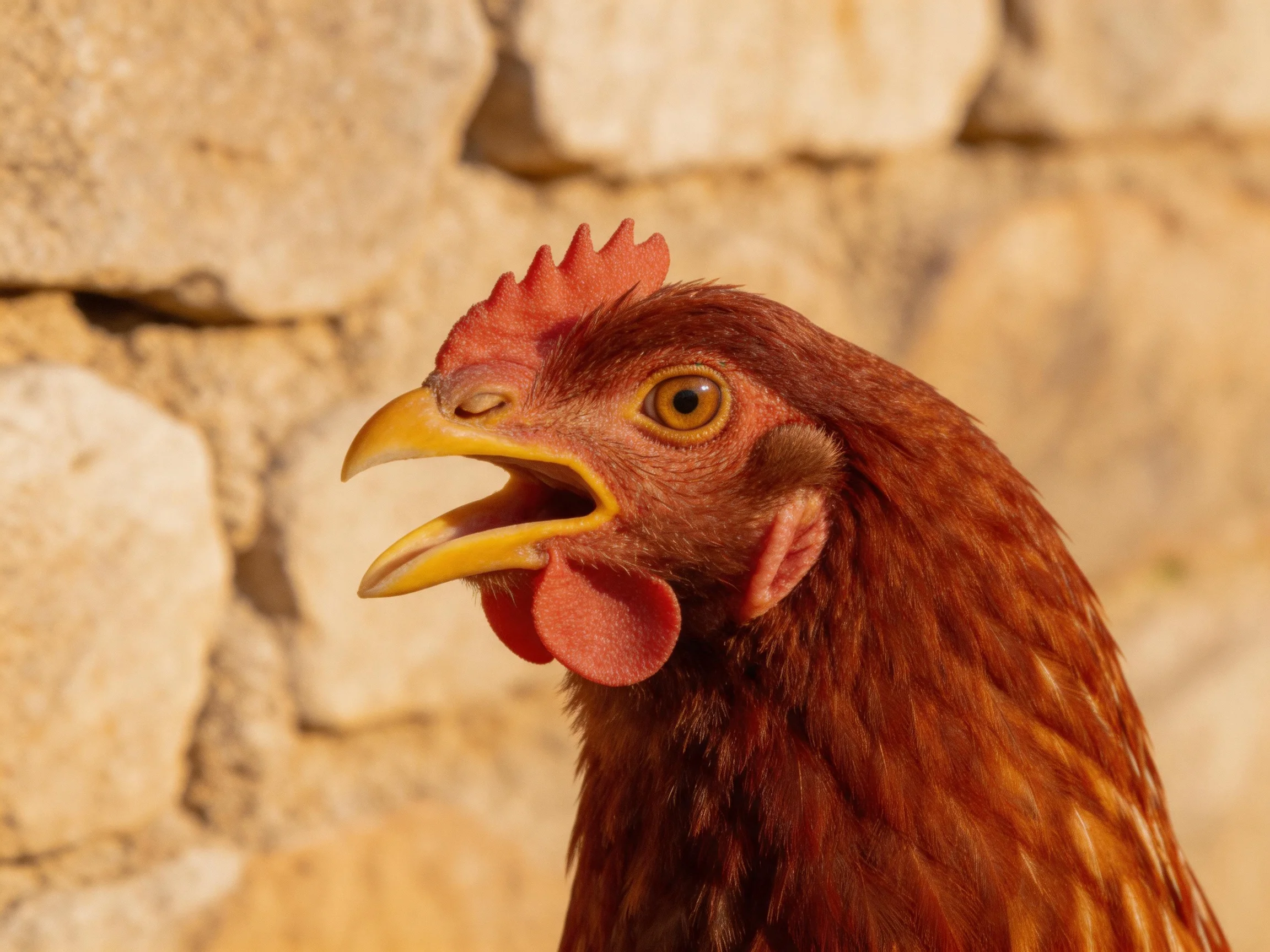 A brown hen with a red comb near a textured stone wall